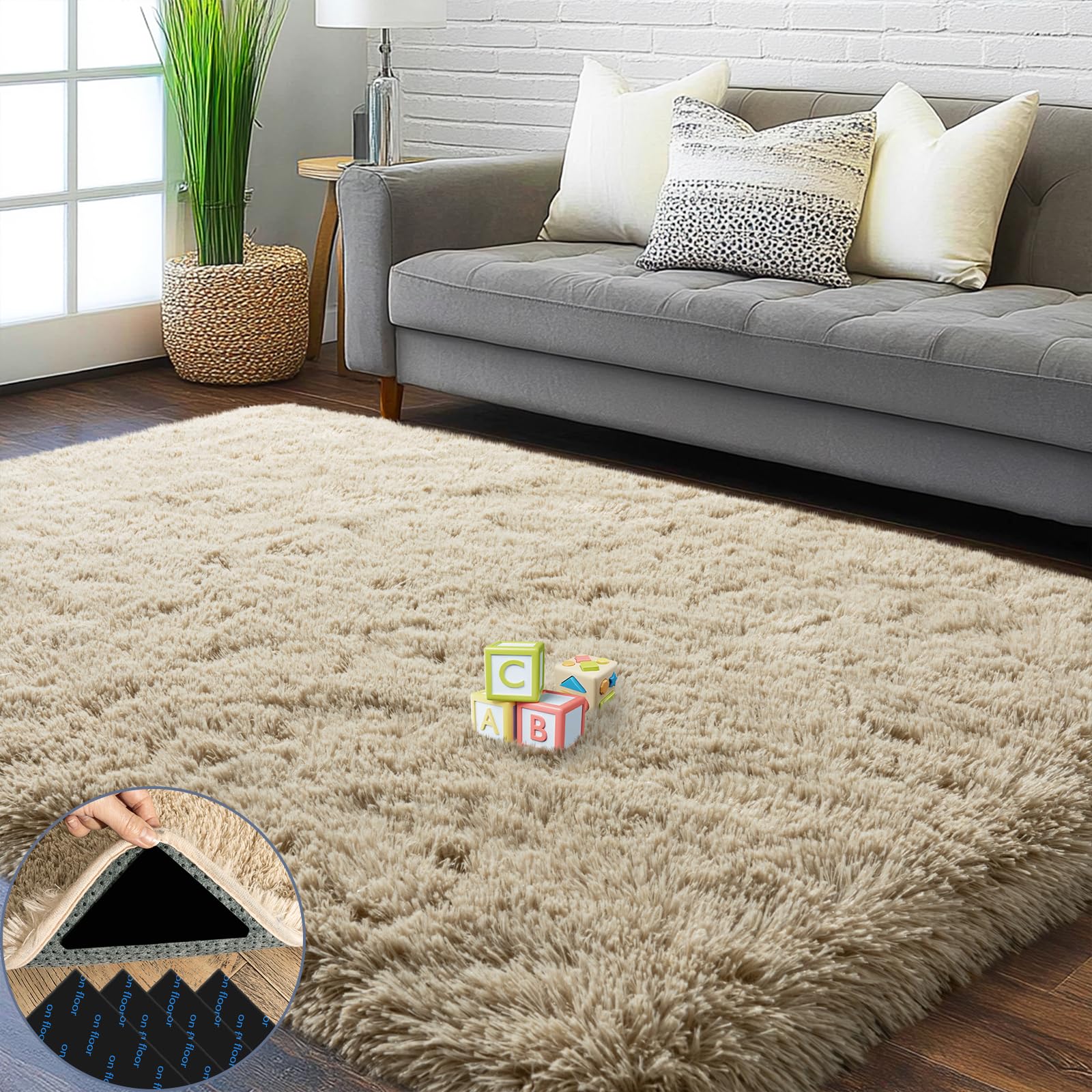 View 1 of **** SIZE UNKNOWN***STOCK PHOTO FOR REFERENCE******4x6 Light Tan Fluffy Shaggy Area Rug, Soft Small Carpet for Living Room