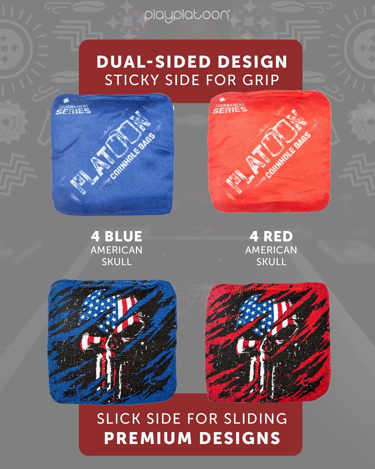 Play Platoon Tournament Series Cornhole Bags - Pro Style Dual Sided Slick and Sticky Side Bags - Set of 8 - Designed in USA