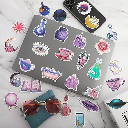 Miniatura 5 de 100 calcomanías mágicas de luna de medianoche para botellas de agua, paquetes de calcomanías de bruja morada para adolescentes, calcomanías de