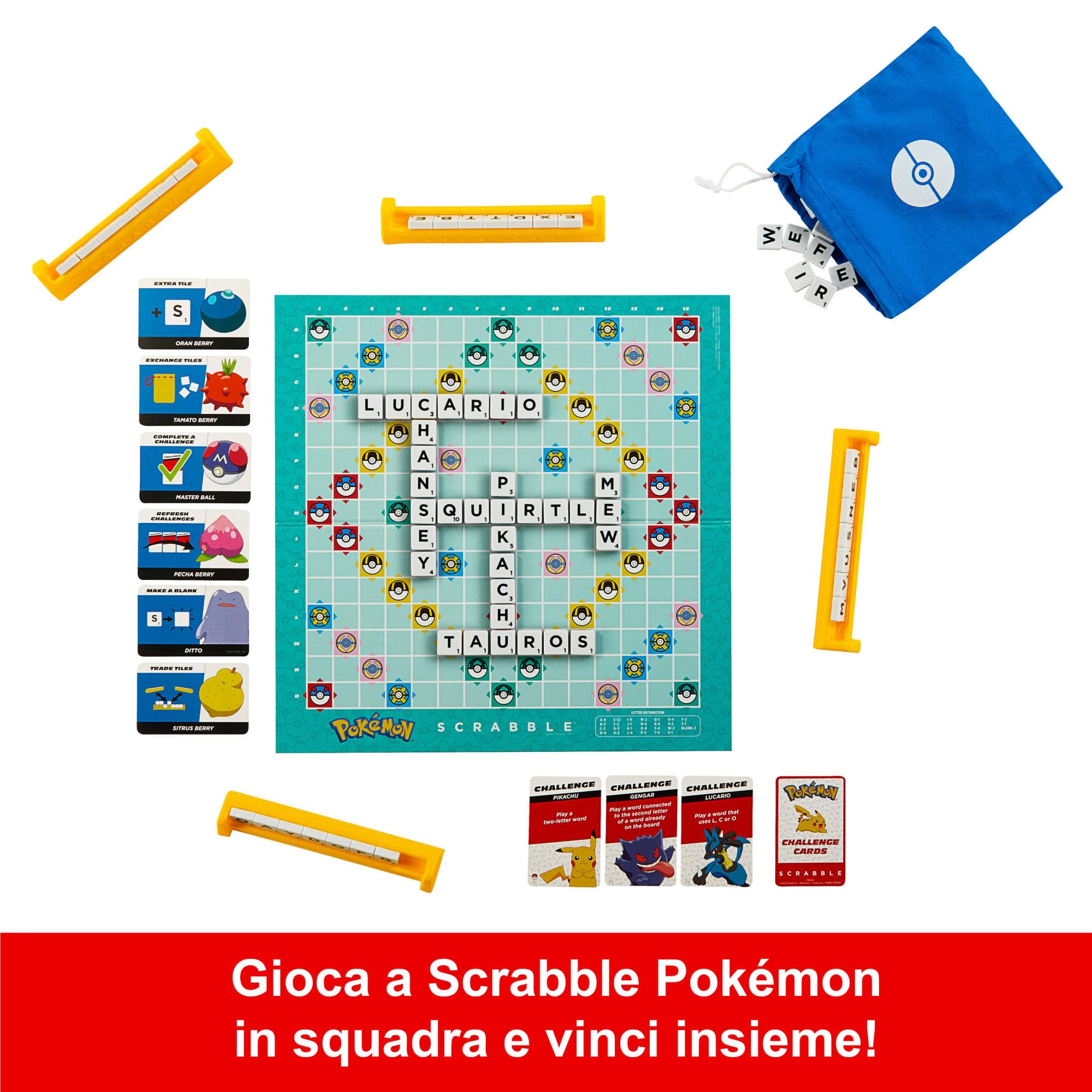 Mattel Games - Scrabble Pokémon, il gioco da tavolo delle parole crociate con 50 sfide dei personaggi Pokémon, tabellone a due facce con due modalità di gioco, versione italiana, 8+ anni, HXT30