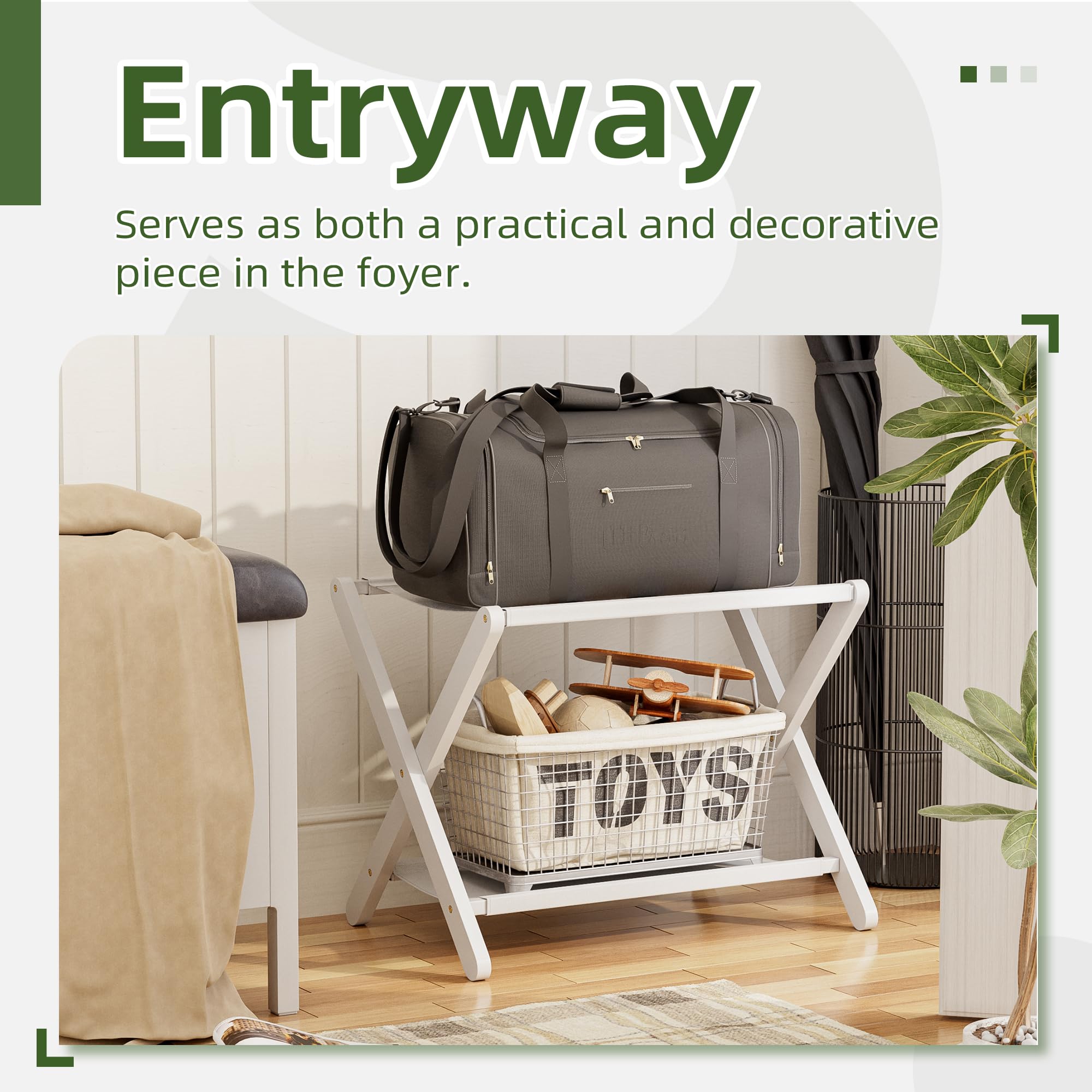 Portaequipajes, Juego de 2, Soporte plegable para maletas con estante de almacenamiento, Portaequipajes de bambú premium para habitación de invitados, hotel, Soporta hasta 61 kg (Blanco)