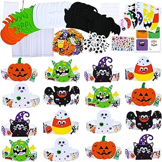 Winlyn 24 Sets Halloween Headbands Craft Kits Crown Art Sets Jack-o'-Lantern Candy Corns Ghost Monster Bat Paper Hat with Halloween Foam Stickers for Kids Halloween Classroom Activities Party Favors