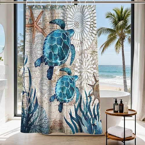 Vista 196 de Cortina de ducha de tortugas marinas, temática náutica de playa, verde y verde azulado, sin ganchos, punto gofre y forro desmontable, decoración