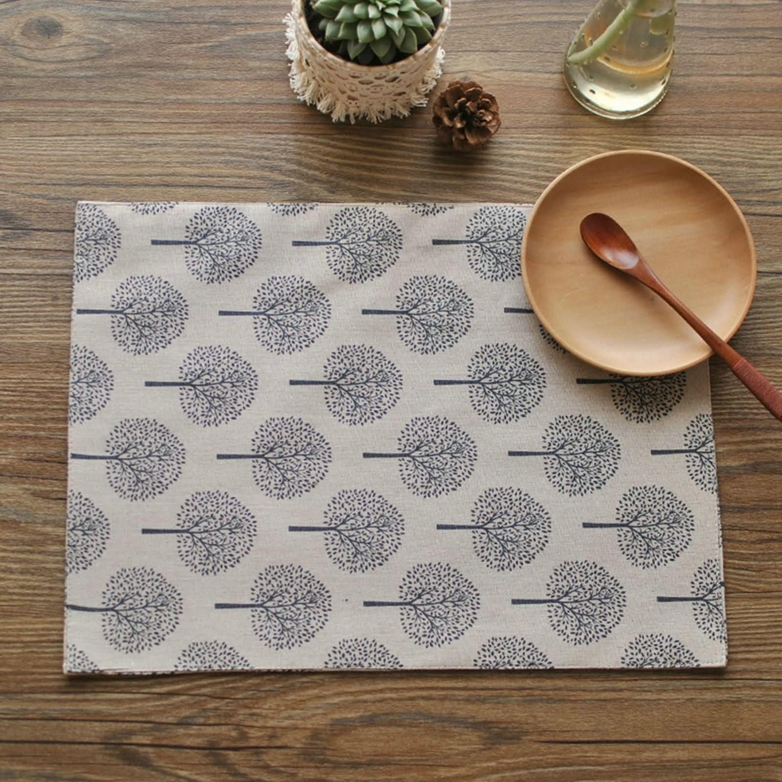 Napperon Table Salle à Manger Lavable 8Pièces, 30 x 40 CM Gris Clair Set de Table Antidérapant Moderne Coton Lin, Rectangle avec Motif Arbres