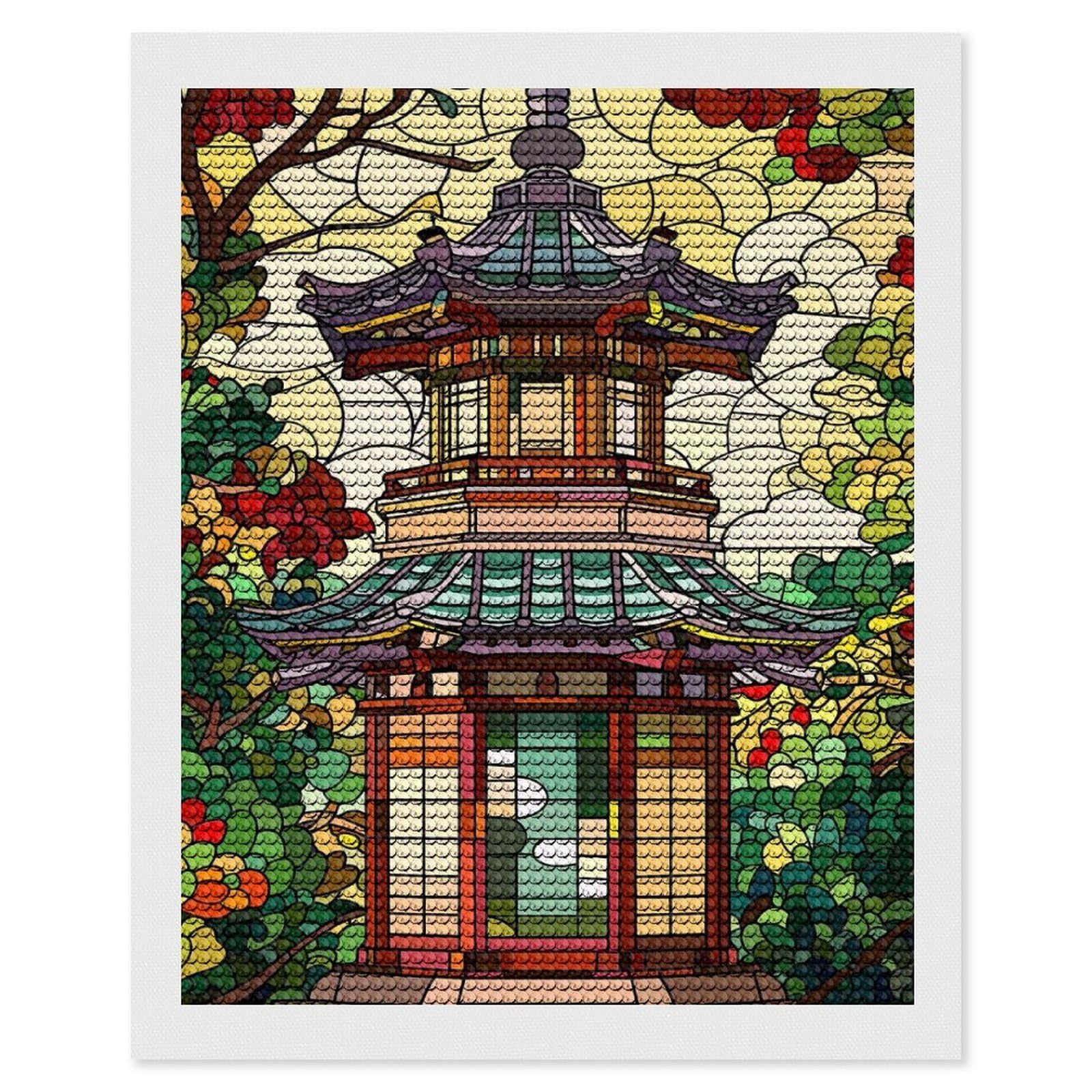 Junmoney Stained Glass Pagoda with Floral Surroundings Full Drill Diamond Painting Kit 16"x20", for Teens, Calming Craft to Unwind, Home Wall Decor, Christmas Gift