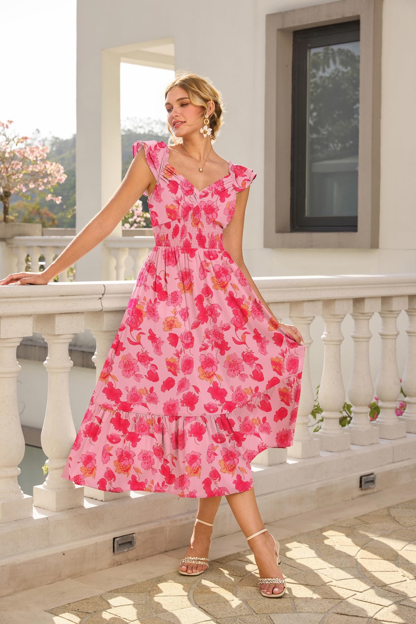GRACE KARIN Abito estivo da donna con tasche, linea ad A, con motivo floreale, leggero | Abito in chiffon, maxi abito con fiori, abito da donna, elegante e festivo, maniche a volant, scollo a V, foderato, tasche