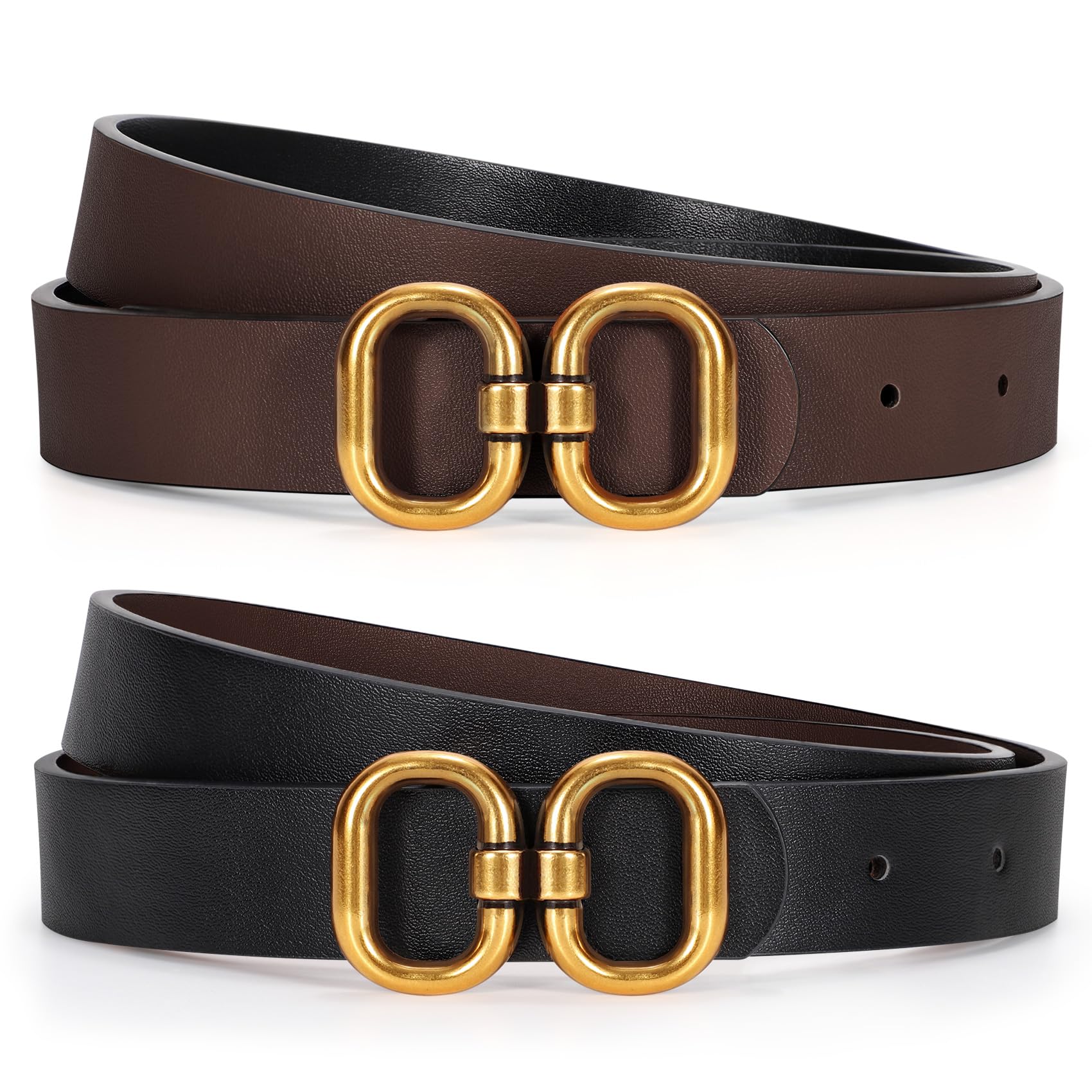 KASBAH Women Reversible Leather Belt for Jeans Dresses Two-in-One Ladies Waist Belt With Gold Buckle