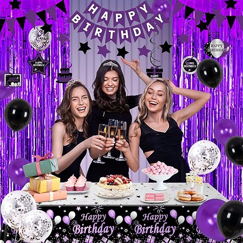 Miniatura 2 de Decoraciones de fiesta moradas y negras para mujeres y niñas, decoraciones de cumpleaños moradas para ella, pancarta de feliz cumpleaños,