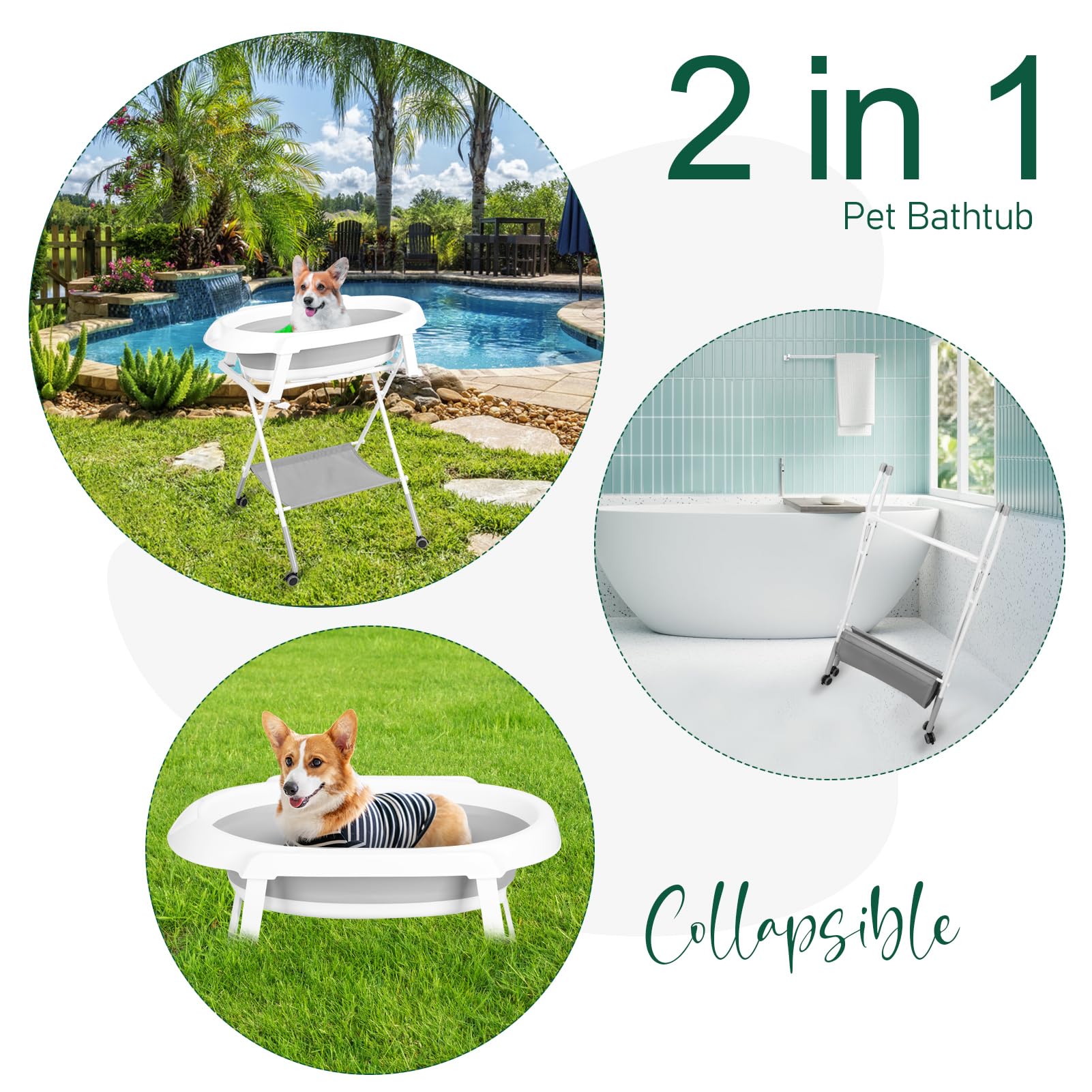 Bañera 2 en 1 para perros con 3 alturas de engranajes, estación de lavado portátil para ducha y aseo para perros pequeños y medianos, gatos y otras mascotas, color gris