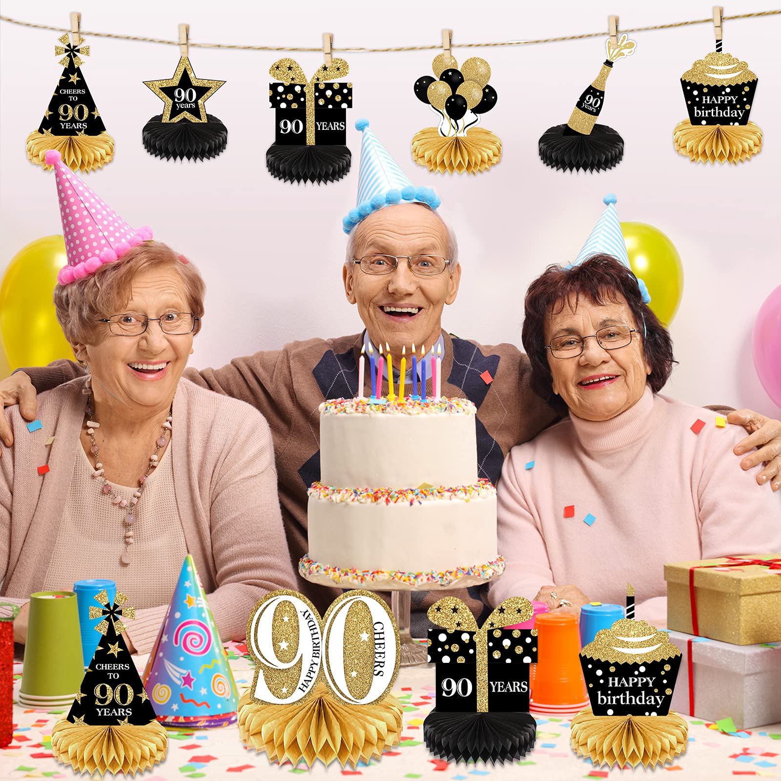 8 Pieces 90th Birthday Decorations Set, Happy 90th Honeycomb Centerpieces Table Toppers for Cheers to 90 Years Party Supplies Favors