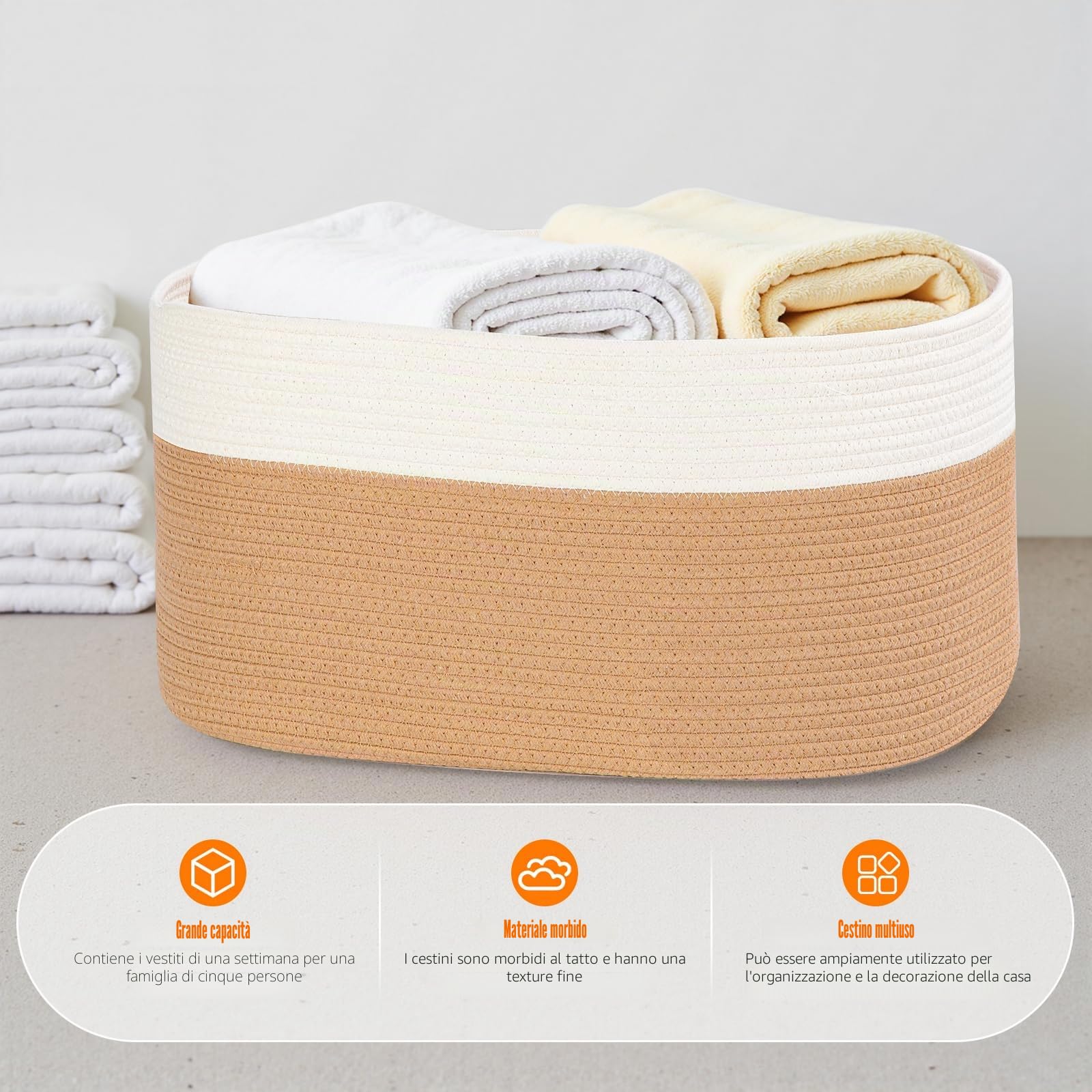 Cesta Portabiancheria, 65L Cesto Portaoggetti con Manici, Secchi per La Biancheria Cesta Giochi Bambini Grande per Cuscini per Giocattoli, Soggiorno, Camera da Letto (55 X 38cm,Juta e bianco)