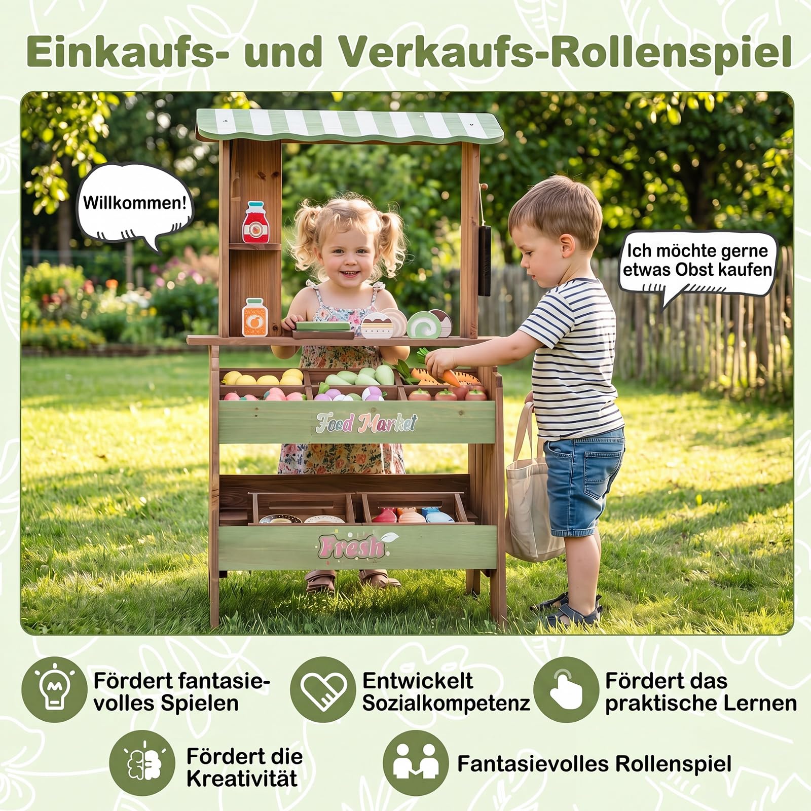 COSTWAY Kinder Kaufladen, Kaufmannsladen mit Waage, Kreidetafel, 43 Zubehör | aus Holz, Verkaufsstand mit 6 Fächern & 2 Boxen, Supermarkt für Kinder ab 3 Jahren