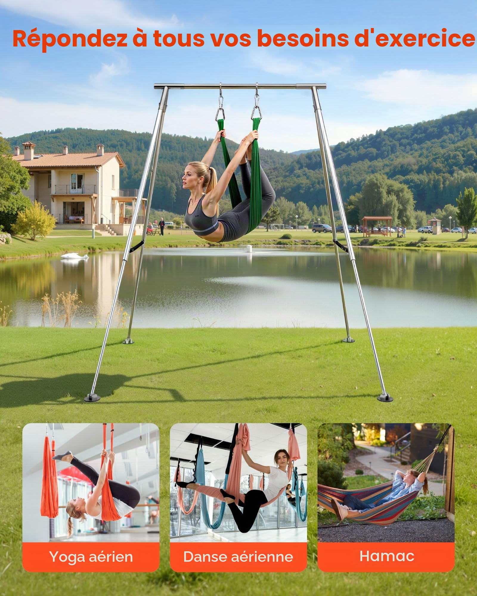 VEVOR Structure Balançoire pour Yoga Aérien, Portique pour Hamac et Yoga avec Charge Maximale 140,6 kg, Support de Traction Triangulaire, avec Pieds Réglables en Hauteur et Cadre en Aluminium, Pilates