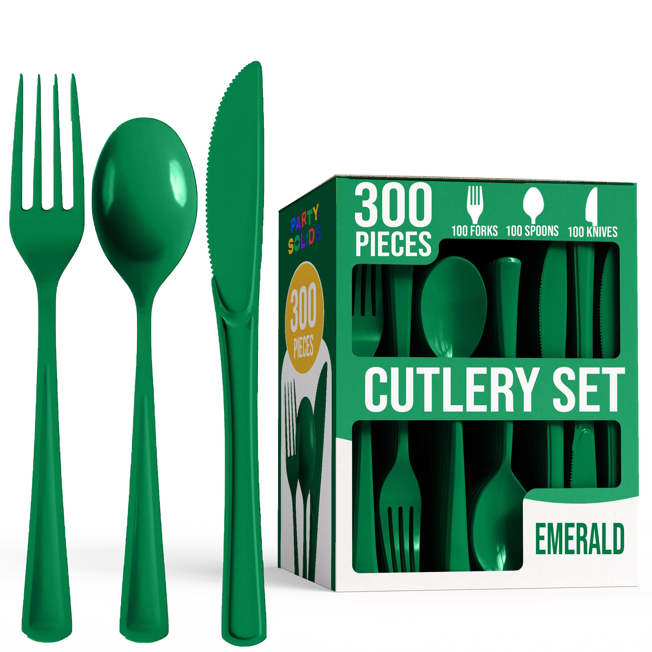 Party Solids Emerald Green Plastic Silverware Heavy Duty 300 Pieces Green Disposable Silverware Heavy Duty, Utensil Sets, 100 Of Each Forks, Knives &