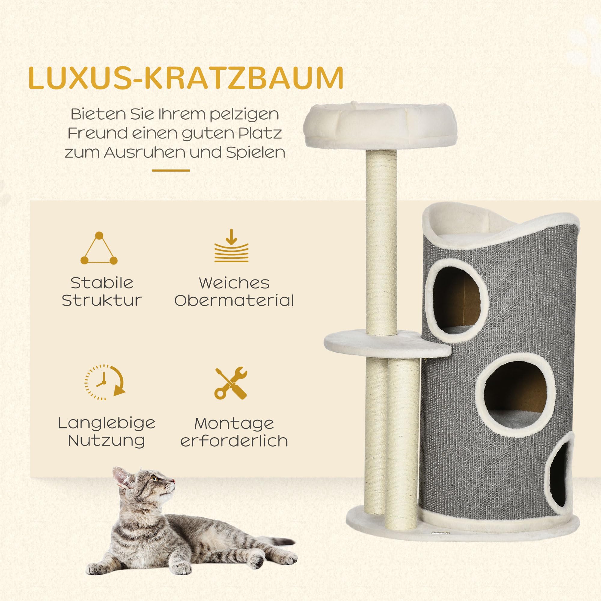 PawHut Drapak, 109 cm, drapak dla kota z pojemnikiem do drapania, drzewo do wspinaczki, drapak dla kota z łóżkiem, meble dla kota z kolumnami sizalowymi, drapaki do aktywności, kolor biały + szary