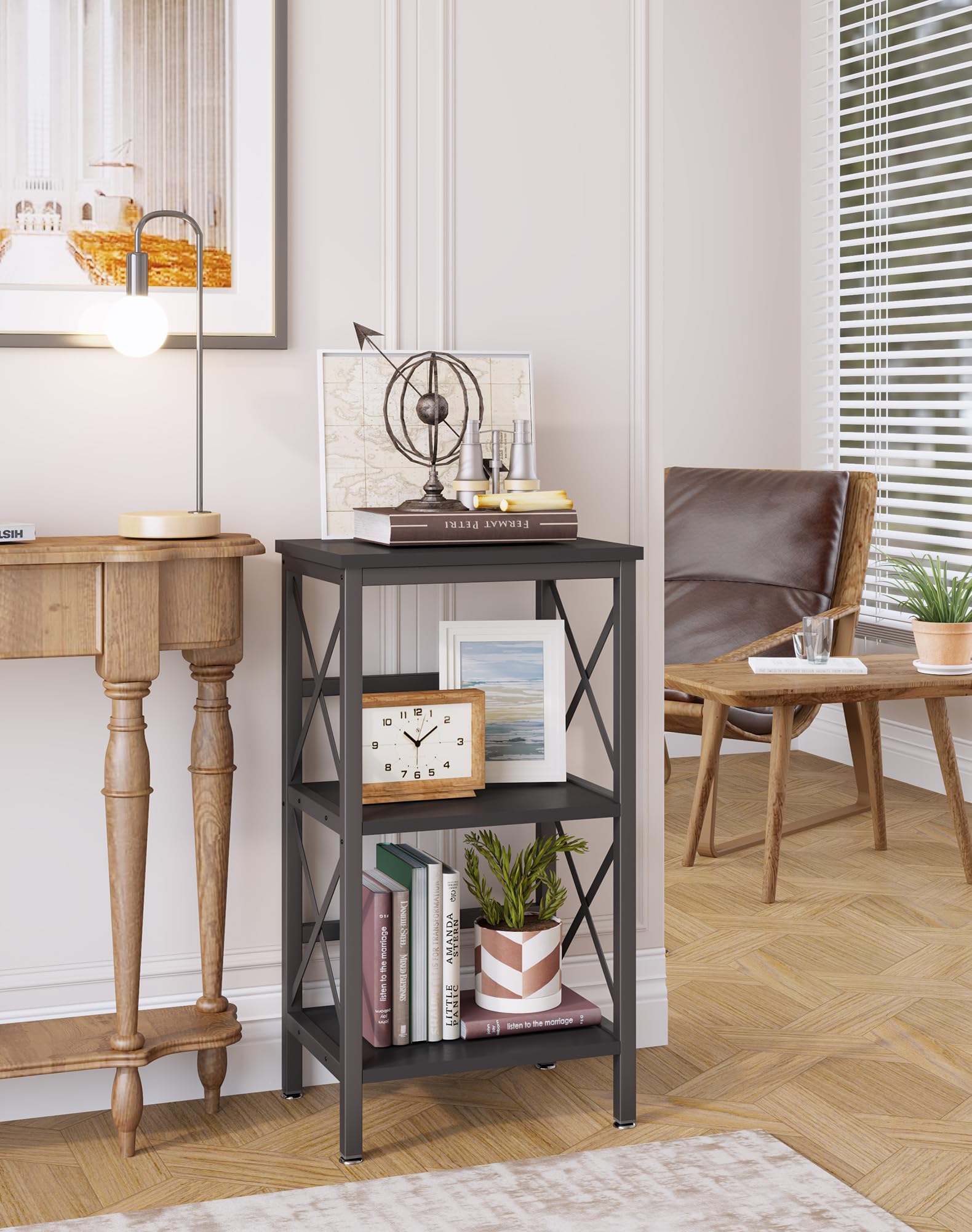 YMYNY Libreria, Scaffale a 3 Ripiani, Scaffale per piante, Scaffale per Microonde, per Bagno, Cucina, Ufficio, Studio, Camera da Letto 40×29×75CM, Nero HST008B