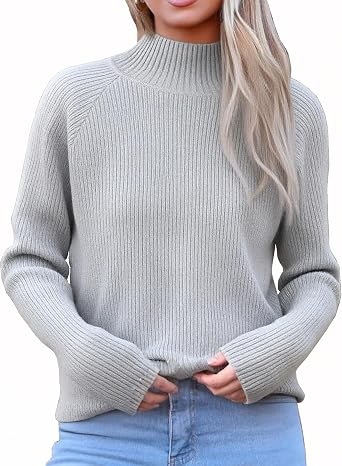 Ckikiou Fall Winter Soft Ribbed Knitted Mock Neck Sweater for Women