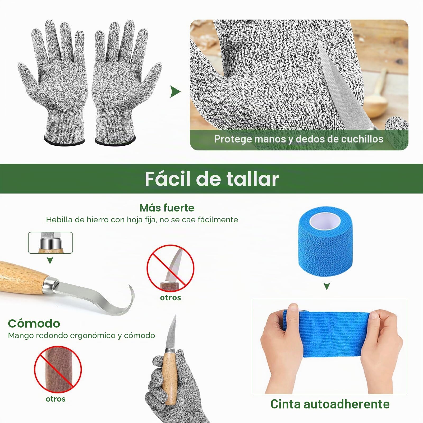 Kit de Tallado de Madera 19 en 1, Kit de Cuchillos de Madera incluye 8 Bloques de Tallado de Tilo, 6 Cuchillos para Tallar para Tallar para Principiantes, Guantes Resistentes a Cortes, Bolsa de Lona