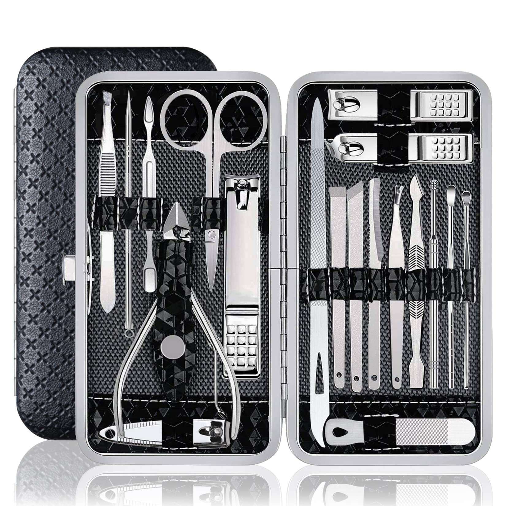 MorovanManicure Set Nail Clippers Stainless Steel Manicure Kit Nail Tools Grooming Kit for Women Men Travel Nail Kit (19pcs-black)
