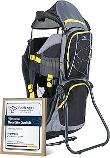 Dromader Kraxe Kindertrage bis 22kg - Baby Rückentrage Wandern mit Sonnendach Regenschutz - Babytrage Outdoor Trekking mit Thermotasche Wickelmatte - Einhändig klappbarer Aluminiumrahmen Schwarz Gelb
