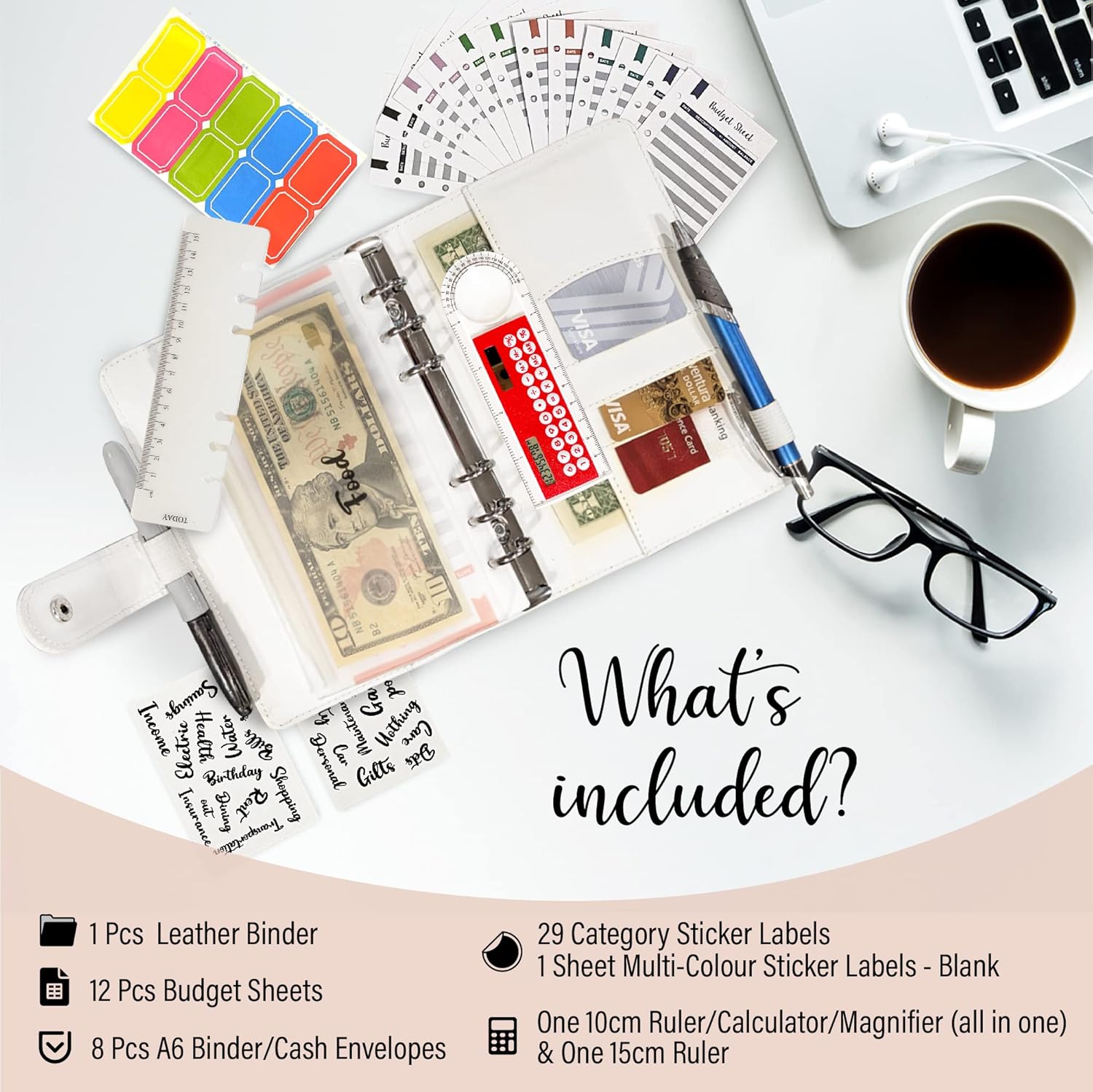 Budget Binder, Planner, Cash Envelopes for Budgeting, Binder with Zipper Envelopes, Money Organizer Cash, Planner Multicolor, CWAP_39