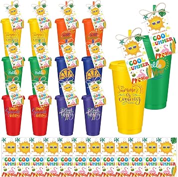 Willinglong 12 Sets Summer Plastic Tumblers Bulk with Lids, Straws & Greeting Cards, 24 oz Reusable Summer Drinking Cups Gift Set for Beach Pool Party Favor Birthday