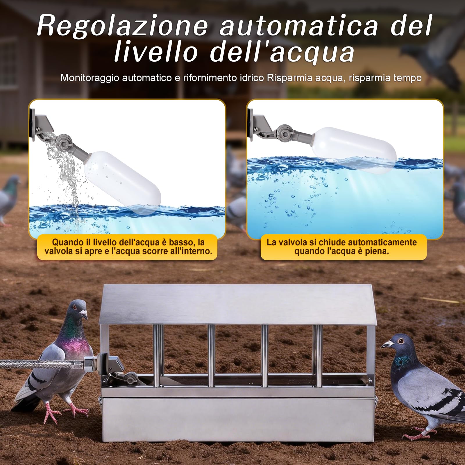 Abbeveratoio Automatico per Polli, Distributore D'Acqua per Pollame con Valvola a Galleggiante e Tubo di Collegamento in Rame, Sistema di Abbeveraggio in Acciaio Inossidabile per Piccioni, Anatre