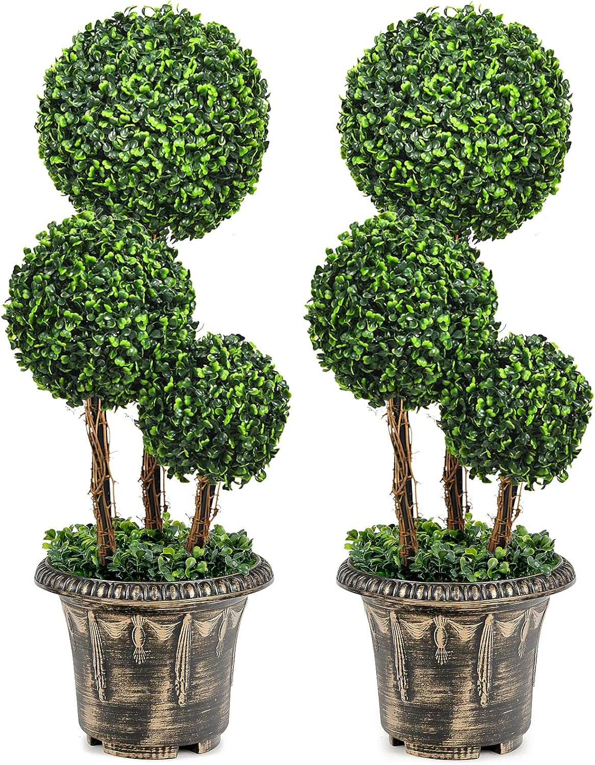 Goplus 2.5 Ft Artificial Boxwood Topiary Tree, 2 Pack Fake Greenery Plants Triple Ball Tree, Leaves & Cement-Filled Plastic Flower Pot Decorative Trees for Home, Office, Indoor and Outdoor Use