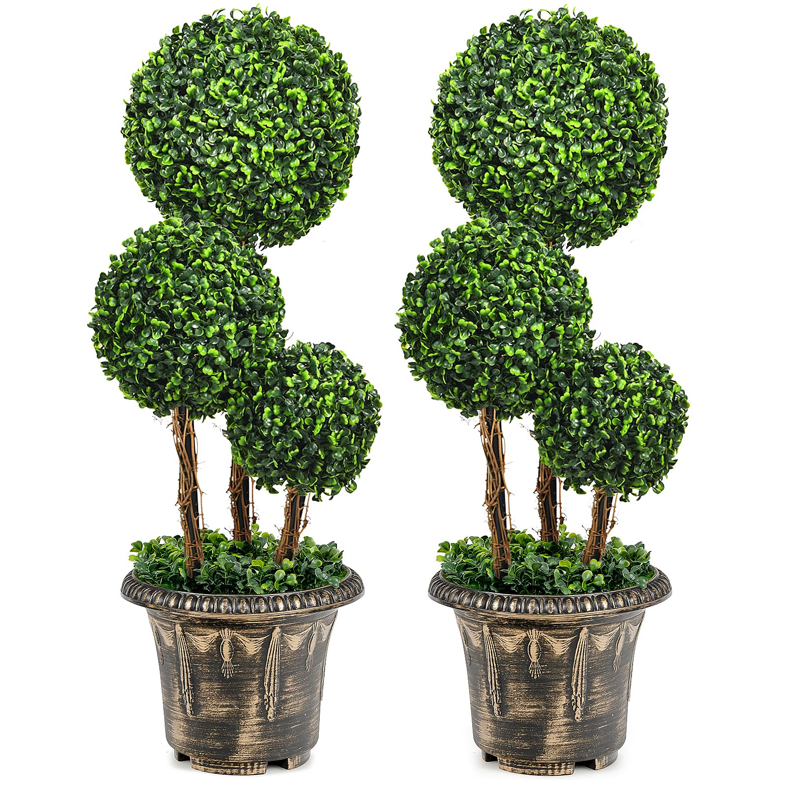 Goplus 2.5 Ft Artificial Boxwood Topiary Tree, 2 Pack Fake Greenery Plants Triple Ball Tree, Leaves & Cement-Filled Plastic Flower Pot Decorative