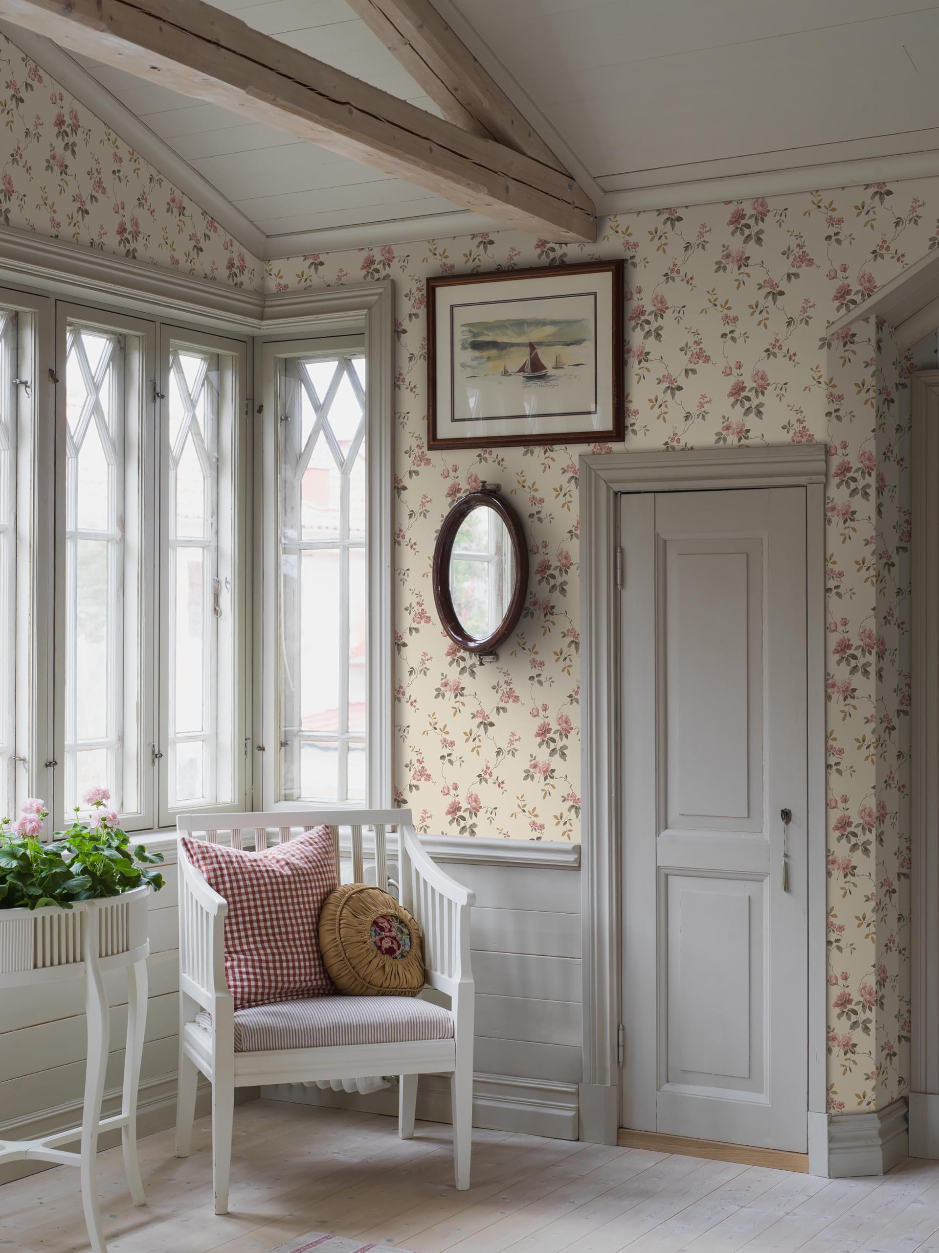 Borastapeter Beige Tapete, Non-Woven Vlies, Botanisch Klassisch, 53cm x 10.05m, Värmdo Rosen Muster