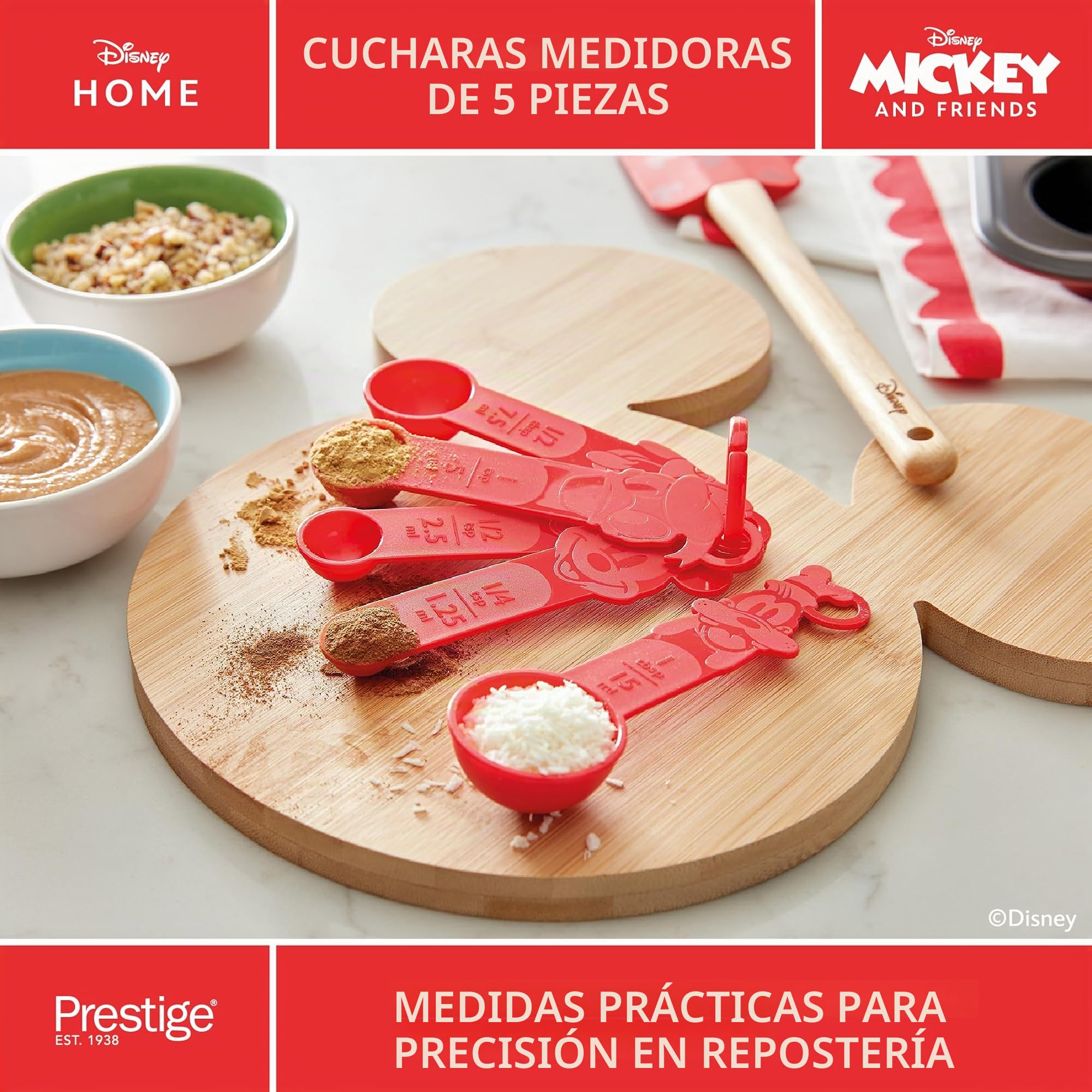 Prestige Juego de utensilios de cocina Disney Bake with Mickey Mouse con juego de cucharas medidoras, juego de 2 espátulas de silicona, rodillo de silicona y cortador de galletas, juego de 4