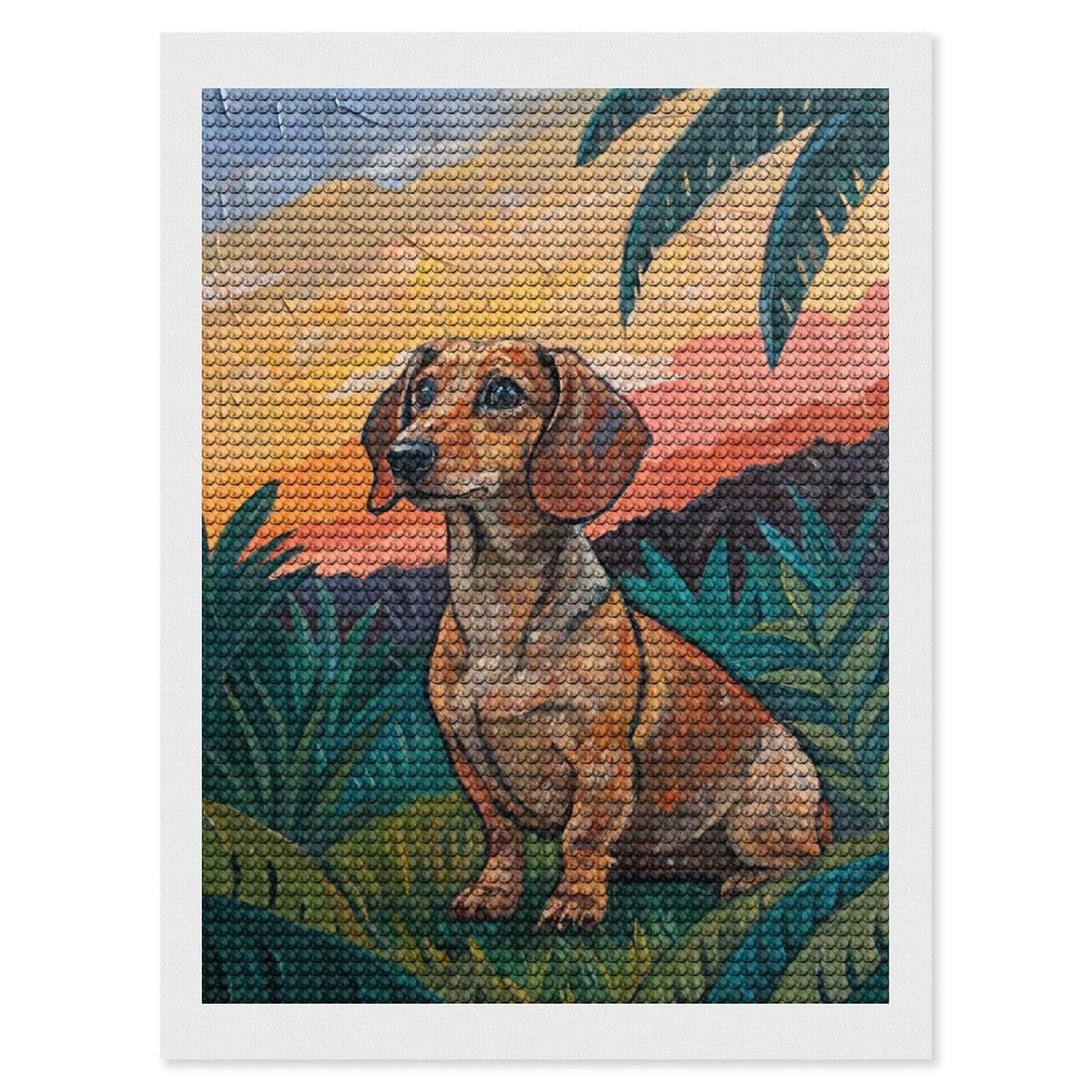 Junmoney Dachshund in A Tropical Sunset Diamond Painting Set 12"x16", Modern Decor, for Beginners, Printed Canvas, Thoughtful Handmade Gift, with Tool Kit