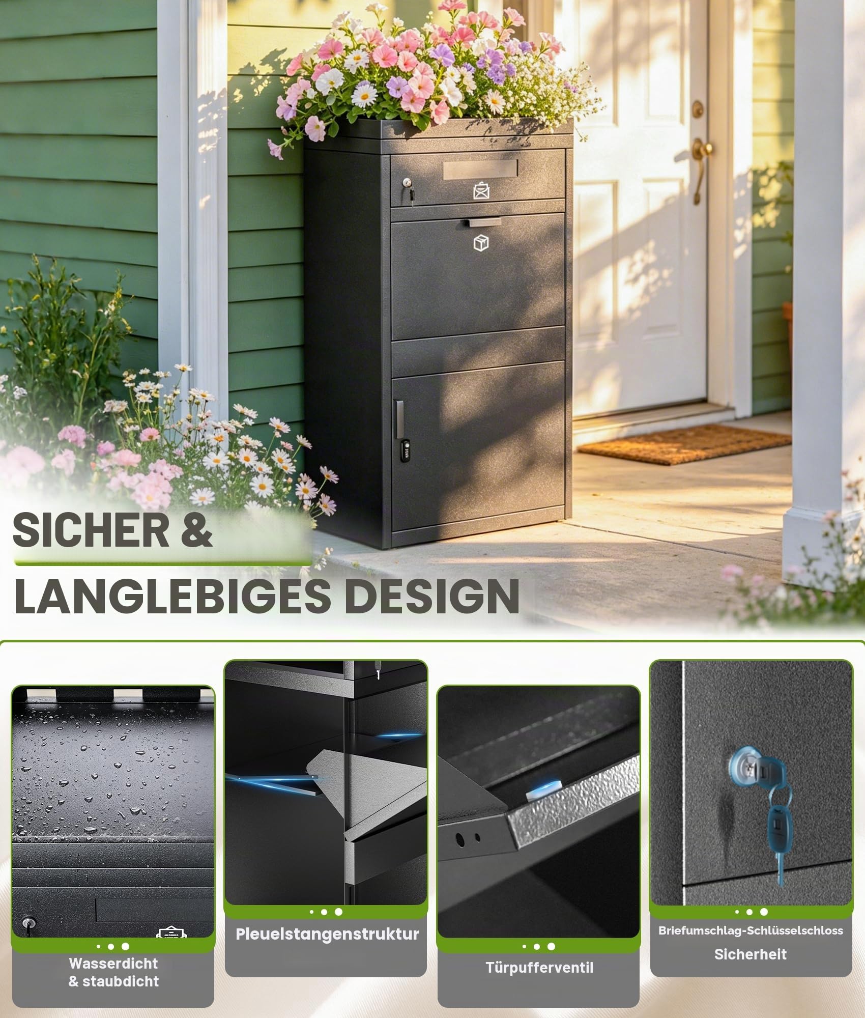 Briefkasten Paketbox mit Pflanzdach, Paketbriefkasten mit Zahlenschloss, Automobilstahl Pulverbeschichteter Paketbox, Paketbriefkasten mit Wasserdichter & Debstahlsicherer Funktion (60 x 45 x 115cm)