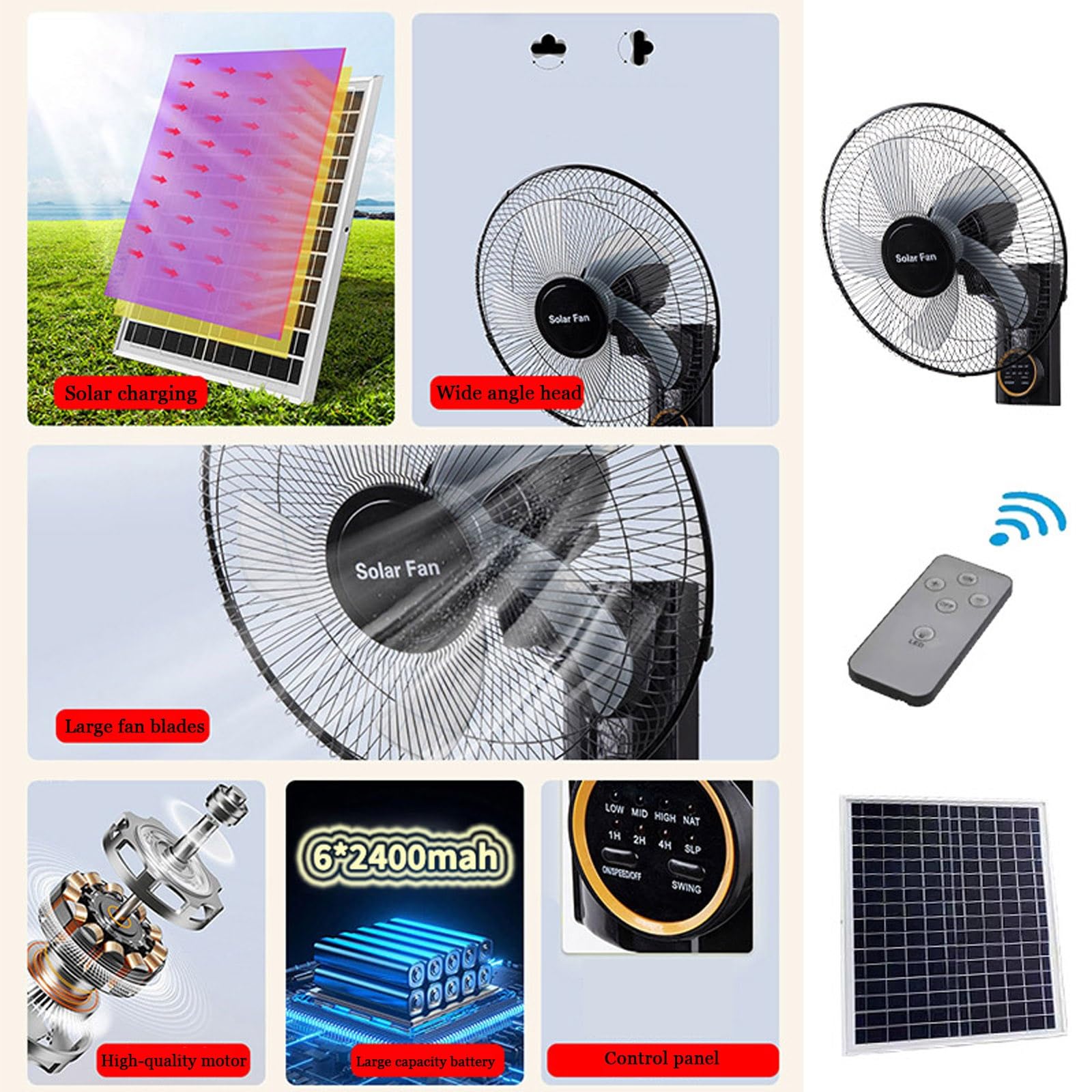 Ventilador Portátil De Carga Solar, Ventilador De Pared con 3 Velocidades, con Mando A Distancia Temporizador Y 3 Velocidades Potente con 5 Aspas Y Hélice