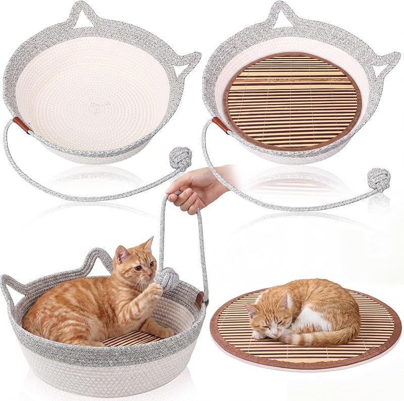 Cama para Gatos em Cesta Trançada com Tapete de Bambu Novabright, Cinza e Branca, Pacote com 2