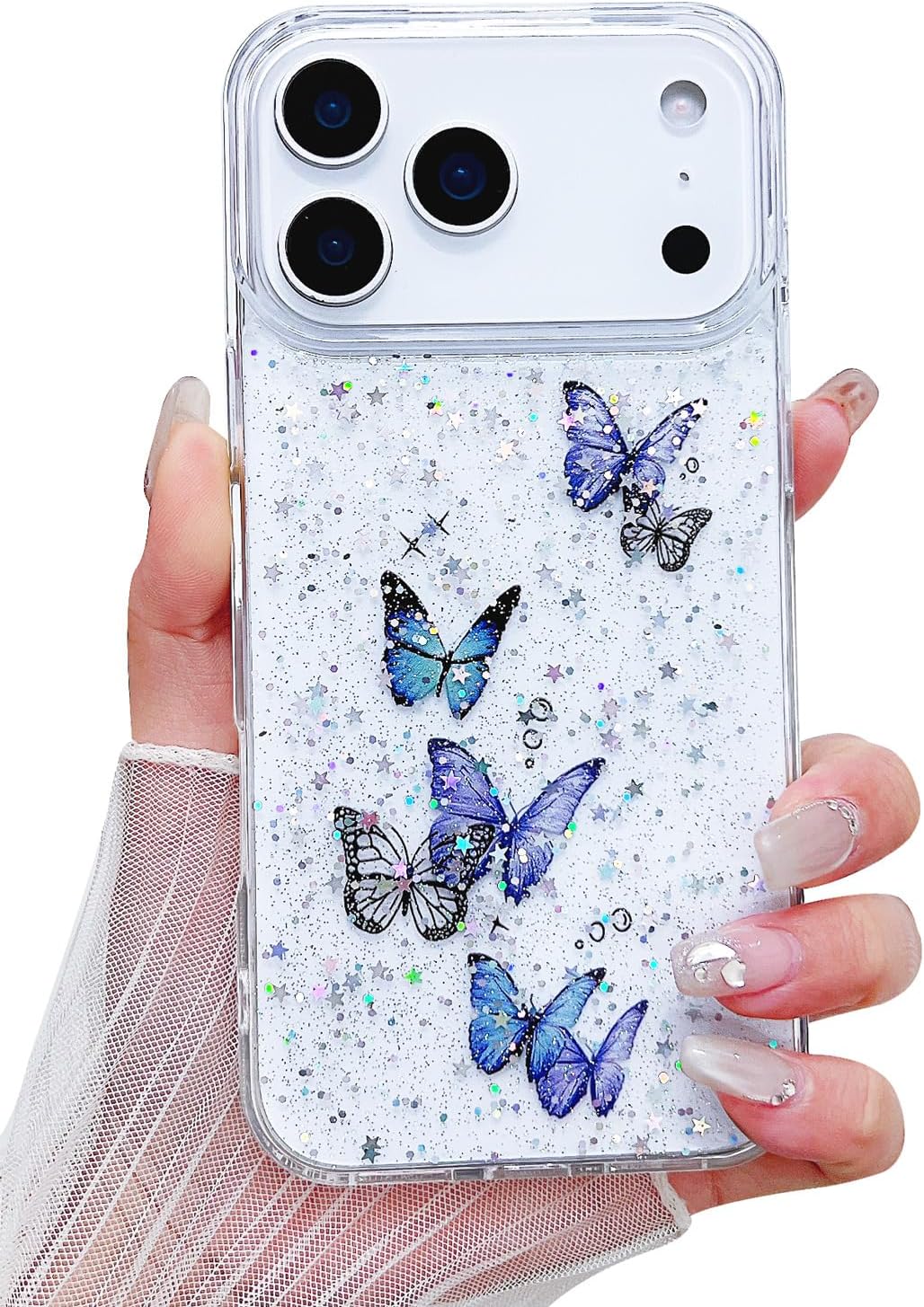 Compatible iPhone 17 Pro Case Clear Butterfly Women Girls Flexible TPU Stars Sparkle Glitter Anti-Scratch Shockproof Protective Phone Cover for iPhone 17 Pro (Purple Butterfly)