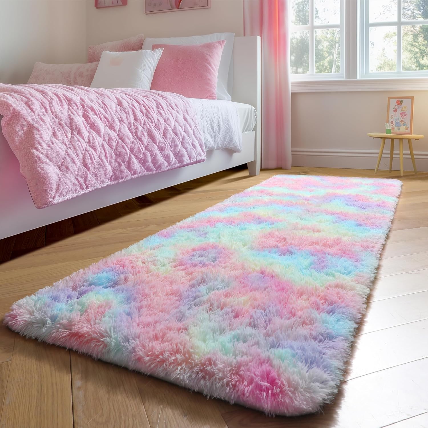 Amdrebio Rainbow 2x6 Runner Area Rugs for Girls Bedroom Kids Room Decor, Pastel Colorful Bedside Rug for Nursery, Cute Unicorn Shaggy Rug for Baby Princess, Kawaii Fluffy Plush Carpet for Playroom