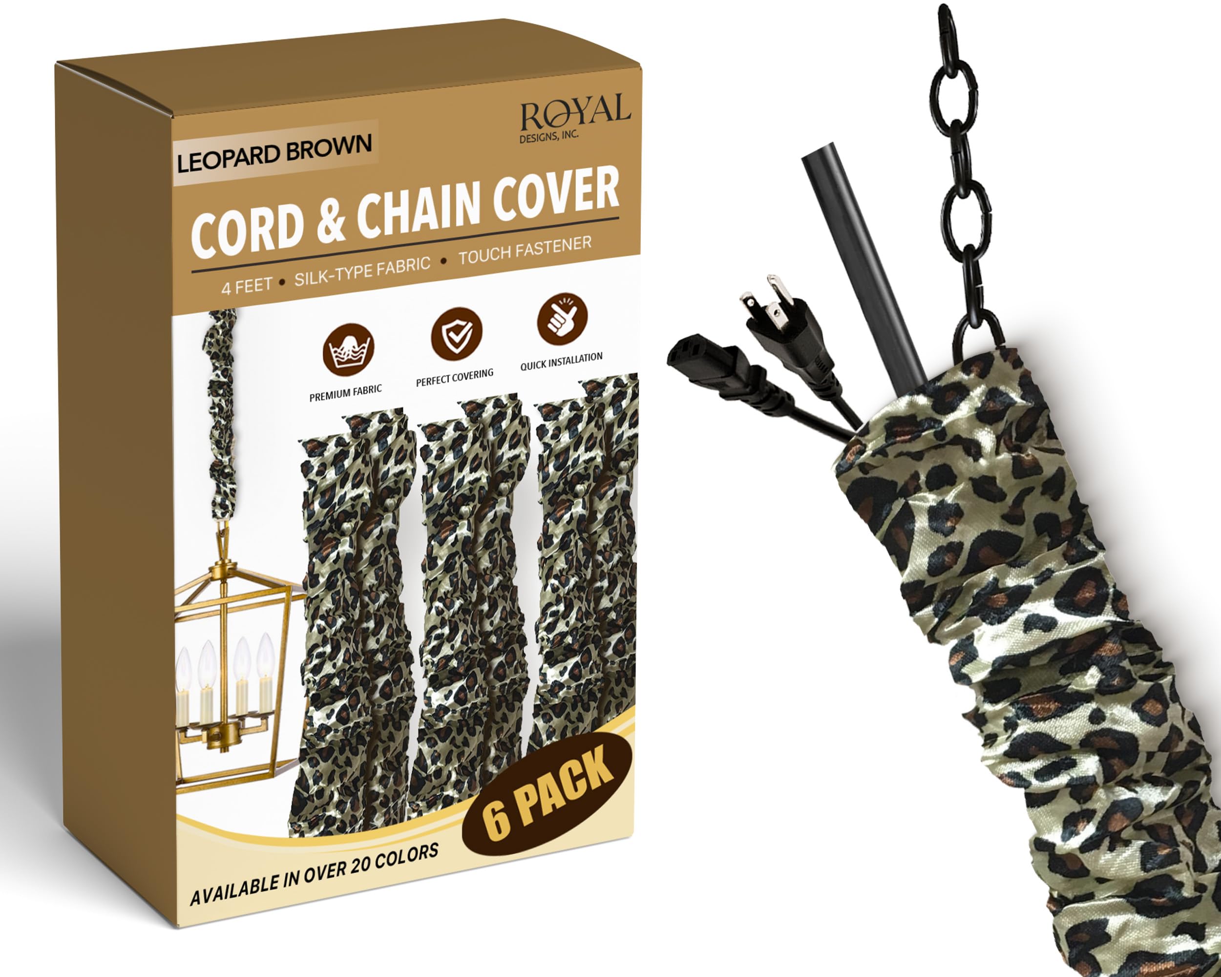 Royal Designs, Inc. Cord &amp; Chain Cover 4 ft Silk Type Fabric, Chandelier Pendant Lighting Chain &amp; Cable Management, Touch Fastener, Leopard Brown - 6 Pack