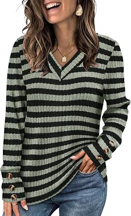 WIHOLL Long Sleeve Shirts for Womens Tops Fall Outfits for Women 2025 Casual Dressy Tops Trendy Women Blouses Work Fall Fashion Striped Green