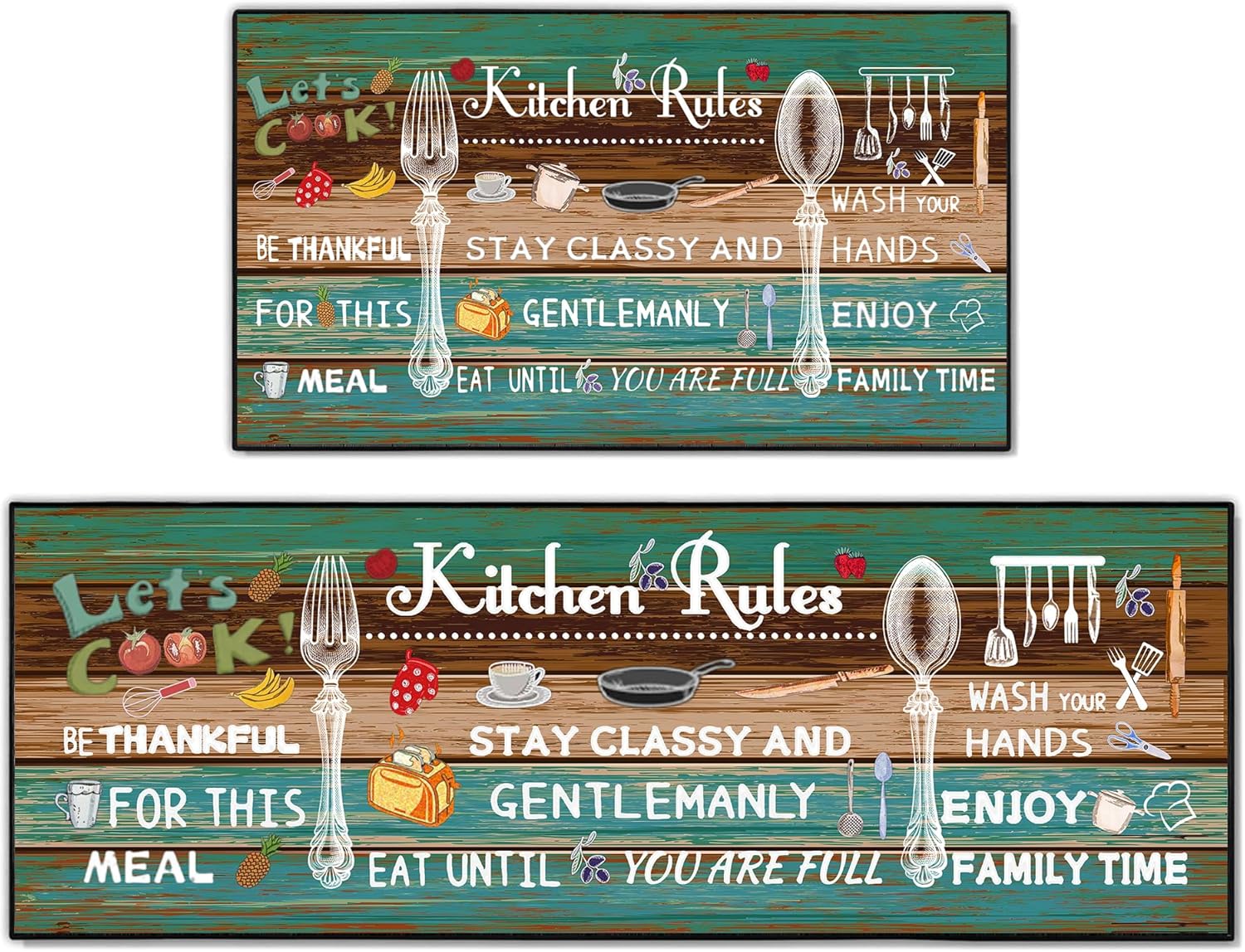 Farmhouse Kitchen Rug 2 Piece Set,Rustic Vintage Style Theme Decor Kitchen Rugs, Absorbent Washable Non-Slip Floor Mats 17x30+17x47 Inches (Kitchen Rules Teal, 17 * 30+17 * 47 Inches)