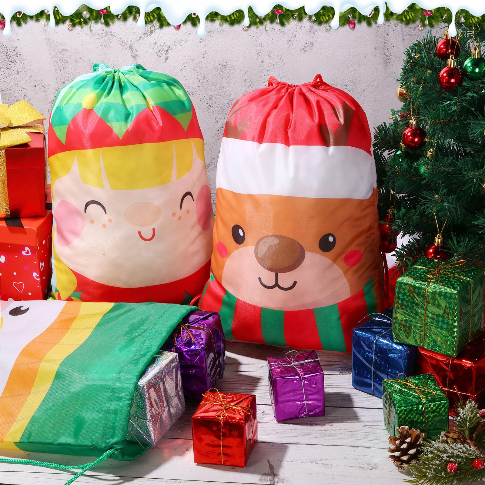 Xuniea 24 bolsas de regalo de Navidad con cordón, reutilizables, bolsas de regalo de Navidad, bolsas surtidas de regalos de Navidad para Navidad, Año Nuevo, fiesta de cumpleaños (estilo de dibujos