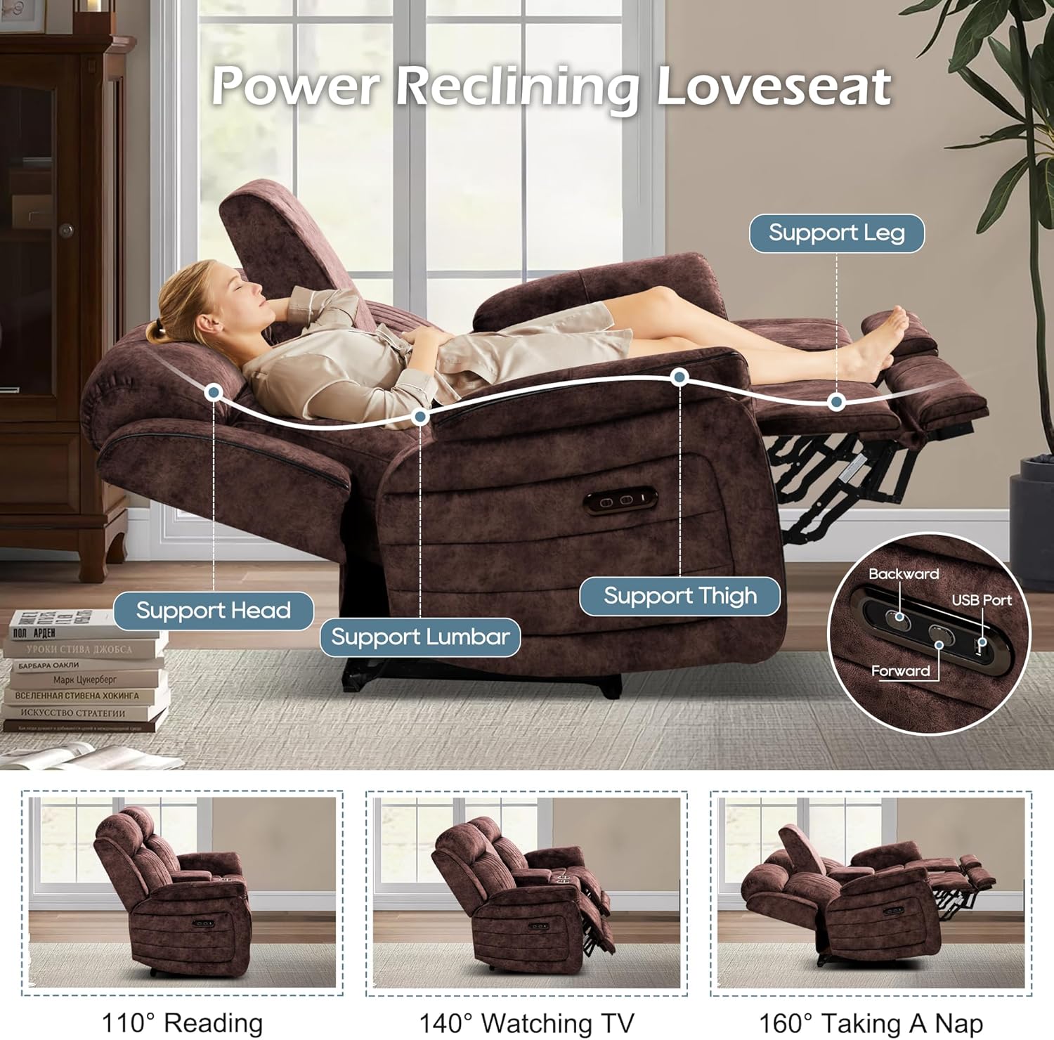 Zero Gravity Reclining Sofa Set, Power Recliner Living Room Set with Adjustable Headrest, Power Reclining Sofa and Loveseat Set with USB Port/Console/Cup Holders for Living Room (Brown)