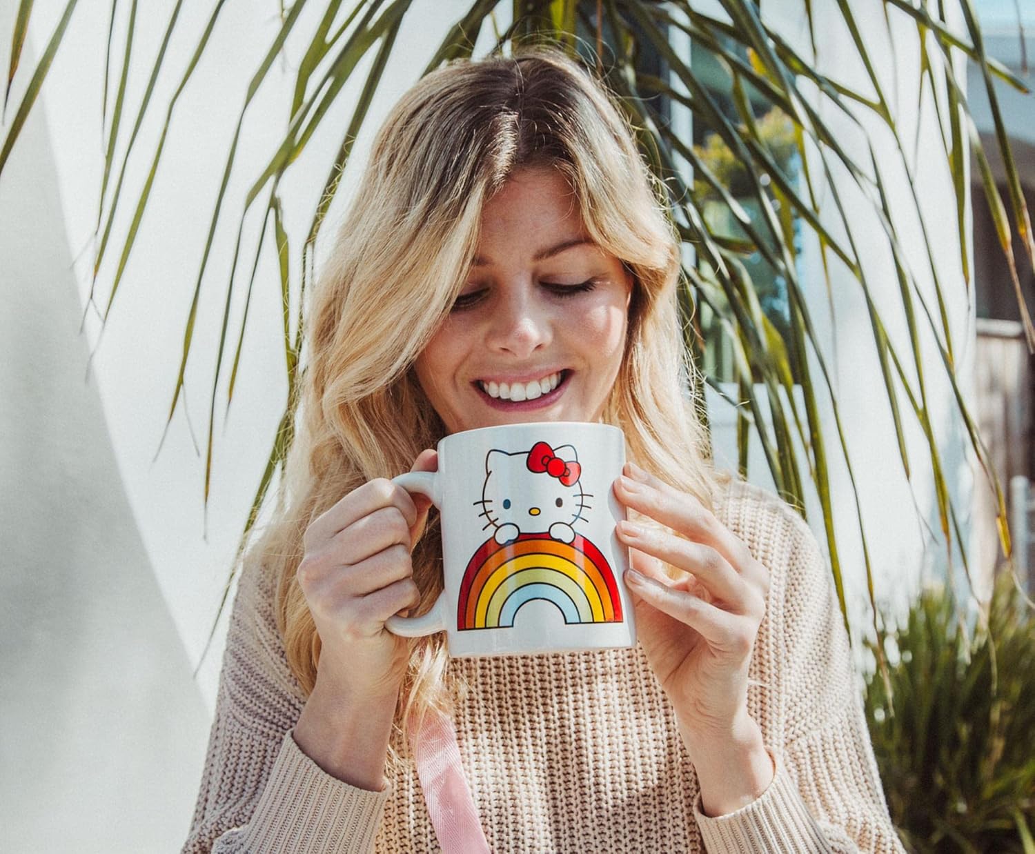 Silver Buffalo Sanrio Hello Kitty Rainbow Peek Ceramic Mug | Coffee Cup For Espresso, Tea, Cocoa | Holds 20 Ounces
