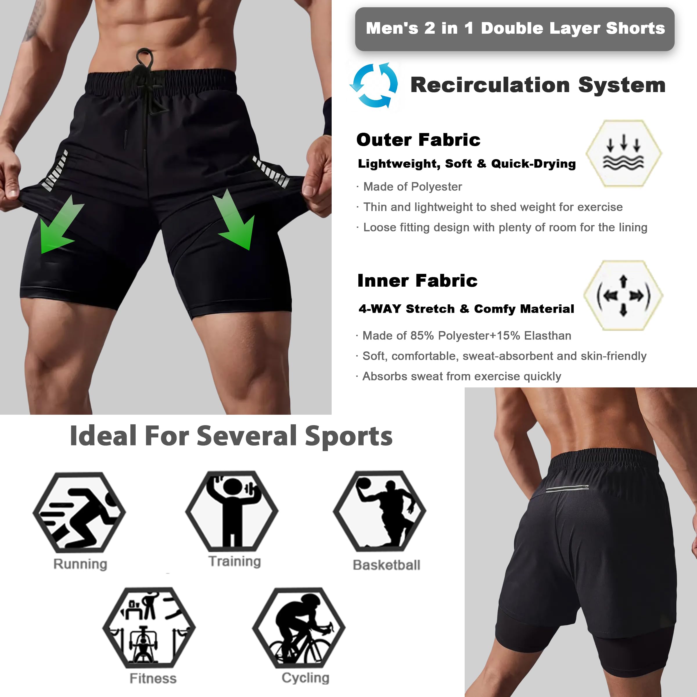 Pantalón Corto Deporte Hombre 2 en 1 Secado Rápido con Bolsillos Transpirables