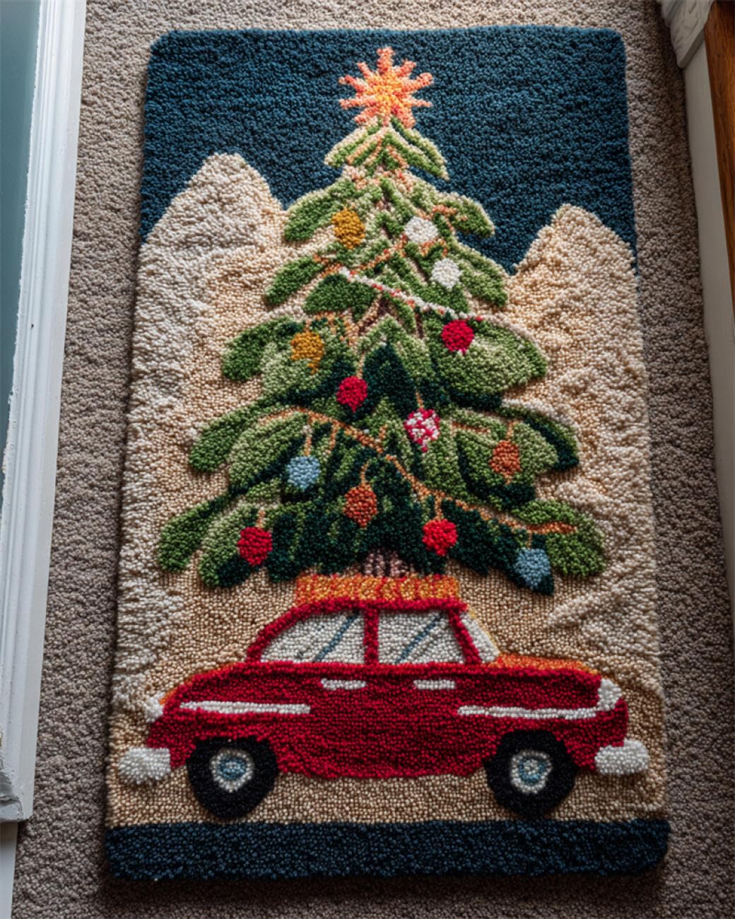 AMBATTERY Tapestry Kit Christmas Trees and Cars Carpet Rug Making Kit，Cross Stitch Embroidery Kits Needlework Crafts for Home Decor 21x29in