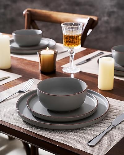 Miniatura 3 de Famiware Mercury - Juego de platos y tazones de cerámica, 12 piezas, apto para microondas y lavavajillas, color gris oscuro