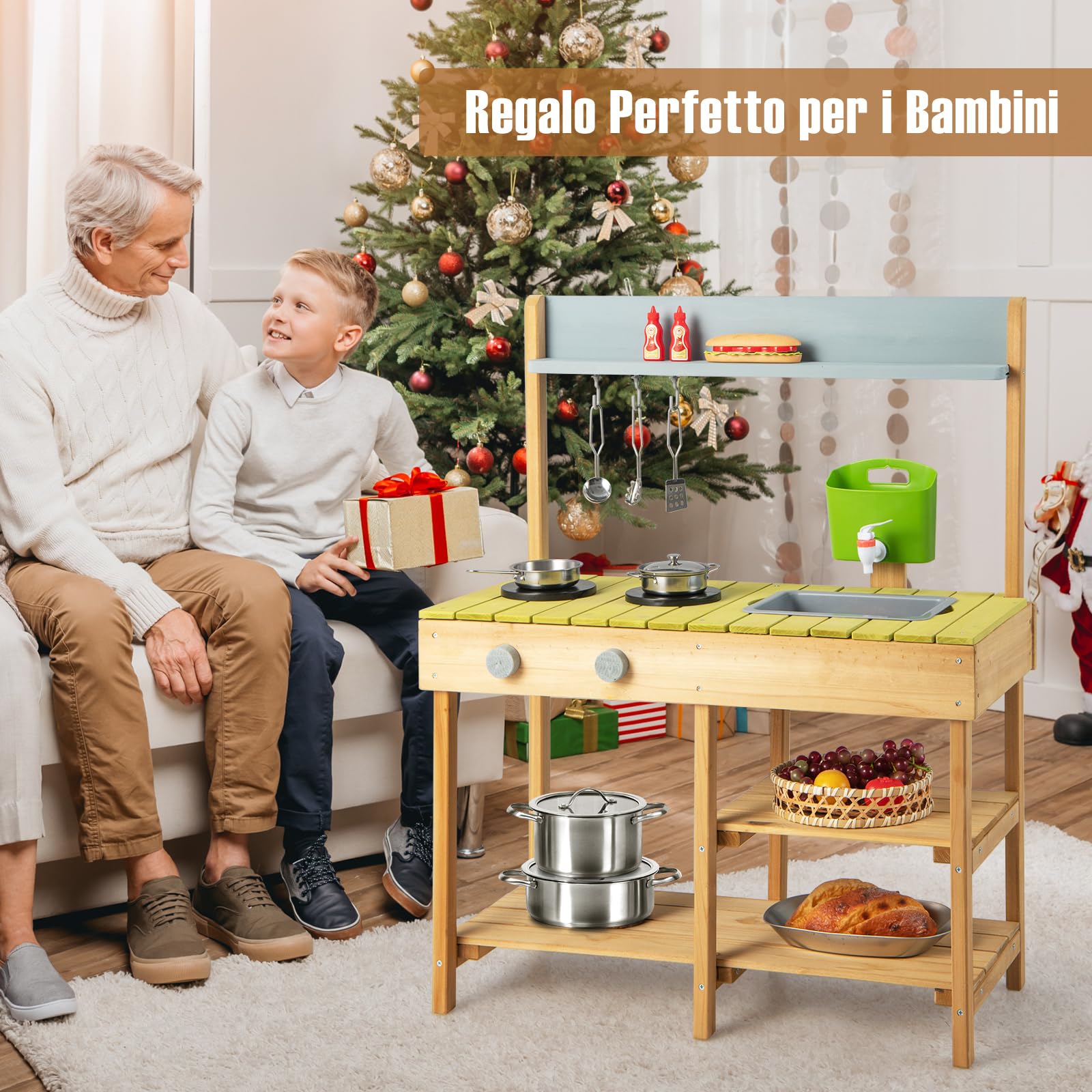 COSTWAY Cucina Giocattolo per Giardino in Legno di Abete, Cucina per Bambini con Serbatoio dell'Acqua e Lavello Rimovibili, 3 Ripiani Aperti, Funzione Suoni, per Bambini 3+ Anni (Naturale)
