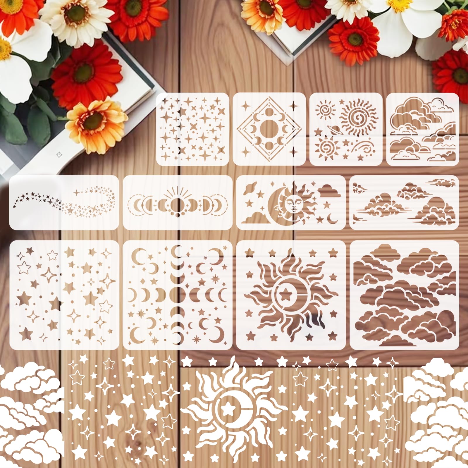 beinkmake 12 Pcs Stencils for Painting, Cloud Moon Star Stencils, Space Paint Making Art Craft Reusable Template on Canvas Fabric Walls Wood