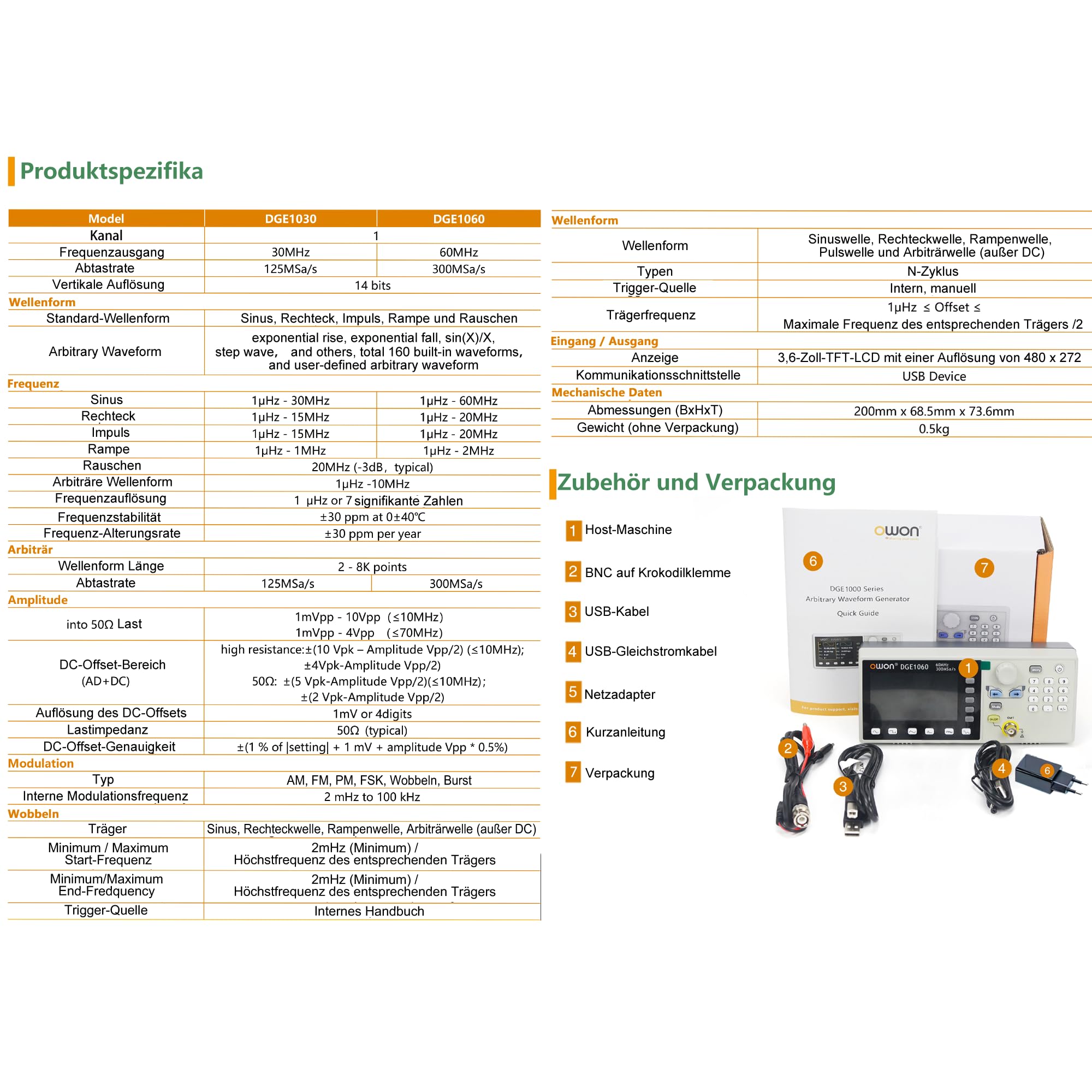 OWON DGE1060 Funktionsgenerator für präzise Signaltests und Entwicklung, 60 MHz, 300 MSa/s, 14 Bit, SCPI und PC-Steuerung