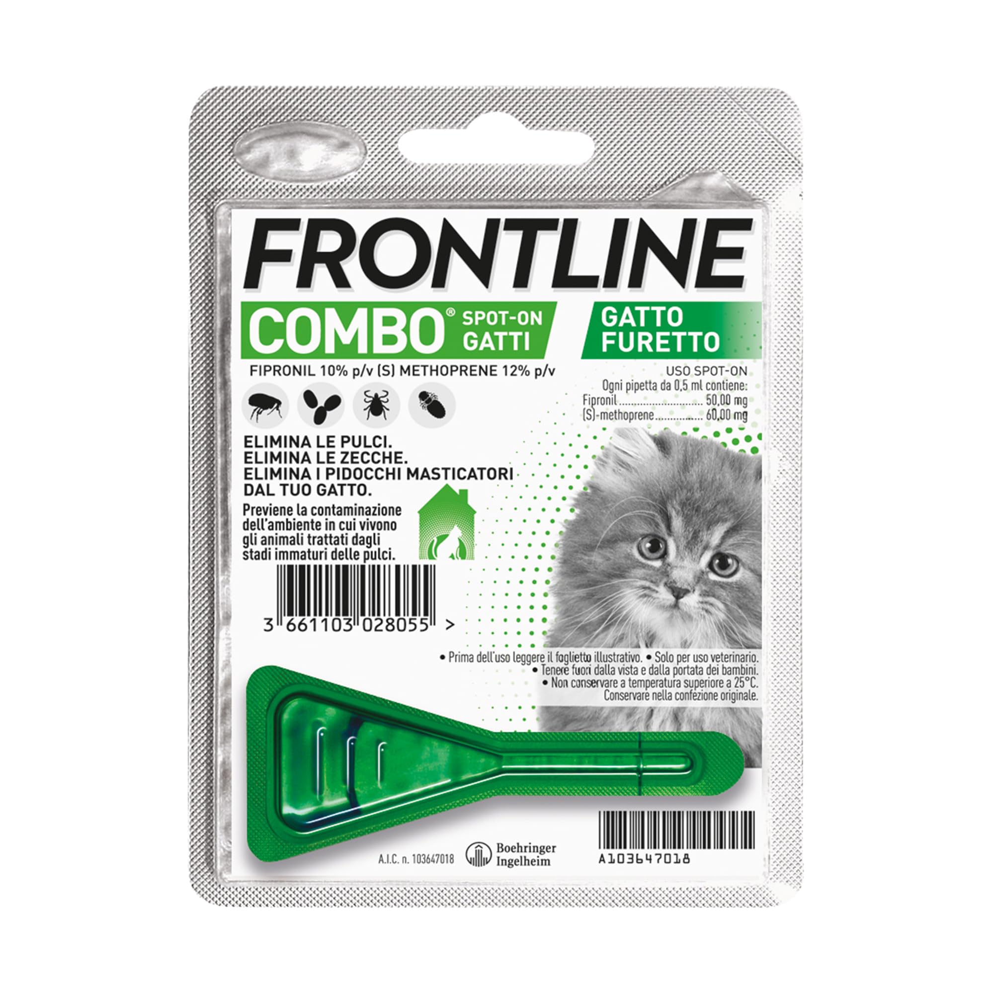 FRONTLINE Combo, 1 Pipetta, Antiparassitario per Gatti, Gattini e Furetti di Lunga Durata, Protegge da Pulci, Zecche, Uova, Larve e Anche la Casa, Antipulci In Confezione da 1 Pipetta da 0.5 ml